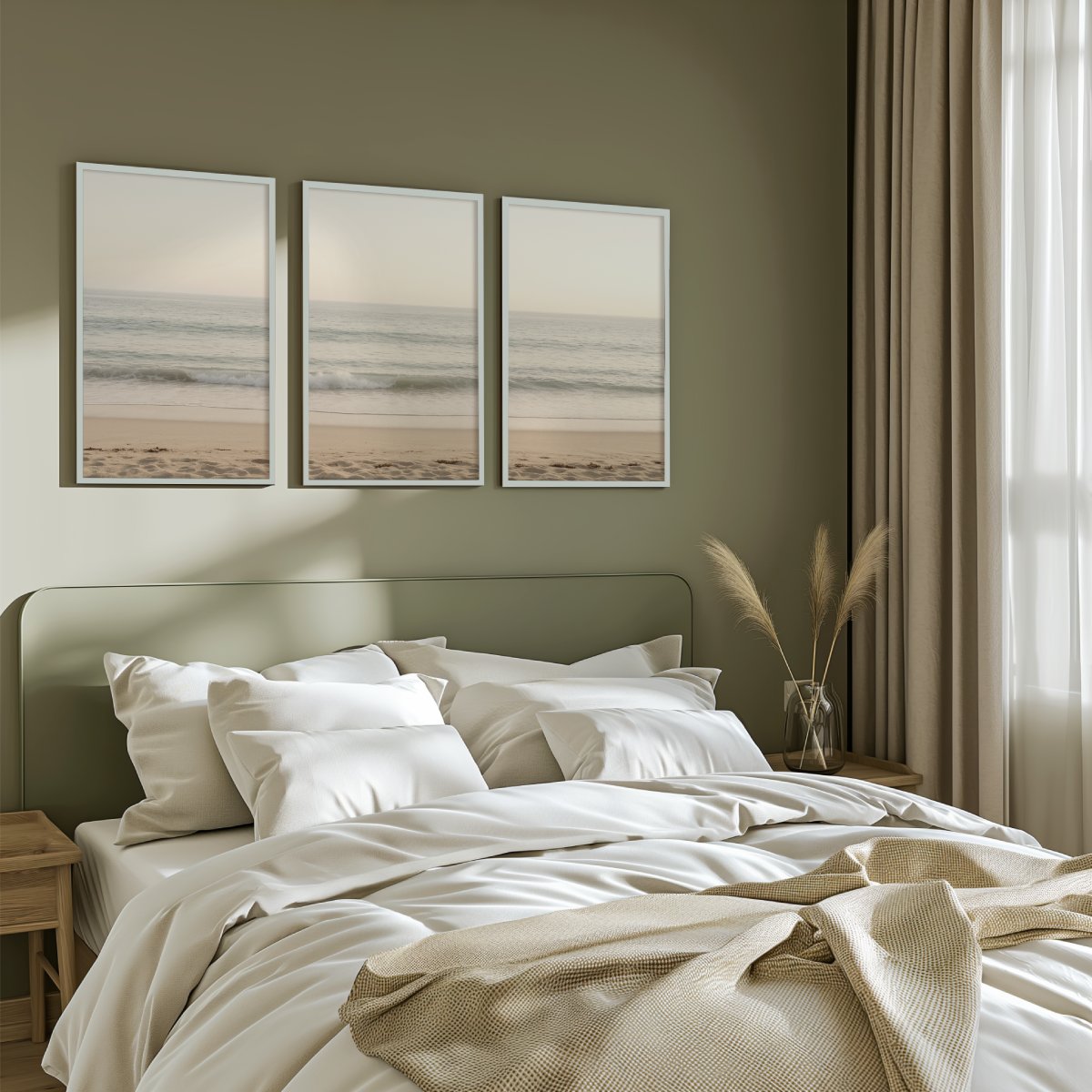 Sunny Evening Beach Triptych with Warm Daylight Colors - White Framed Poster No Border - Artworksets