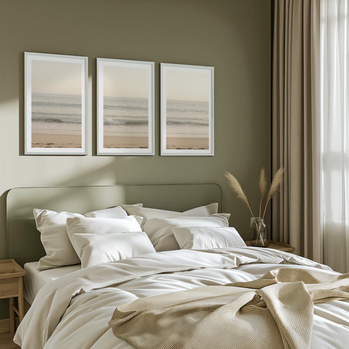 Sunny Evening Beach Triptych with Warm Daylight Colors - White Framed Poster with White Border - Artworksets