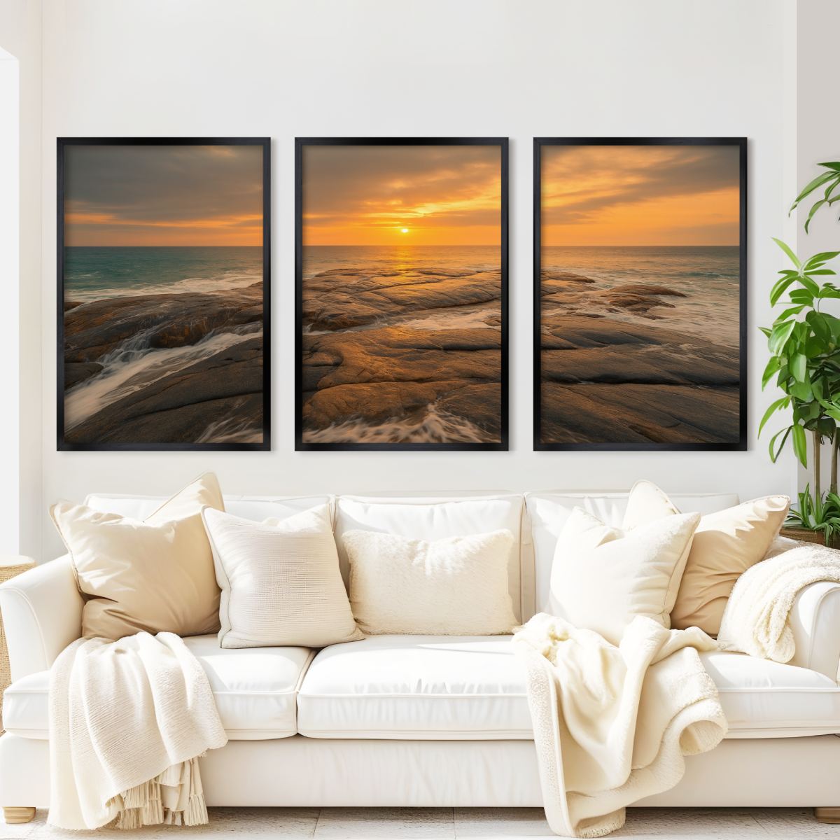 Coastal Wall Art – Sunset Ocean Waves and Rocky Shoreline - Black Framed Poster No Border - Artworksets