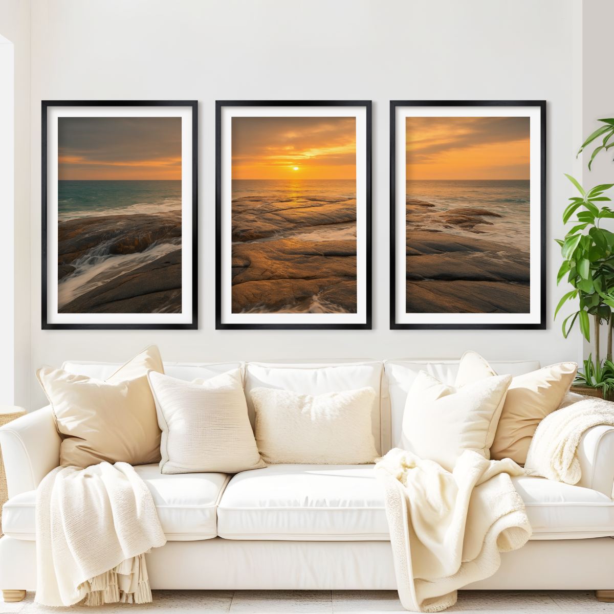 Coastal Wall Art – Sunset Ocean Waves and Rocky Shoreline - Black Framed Poster with White Border - Artworksets