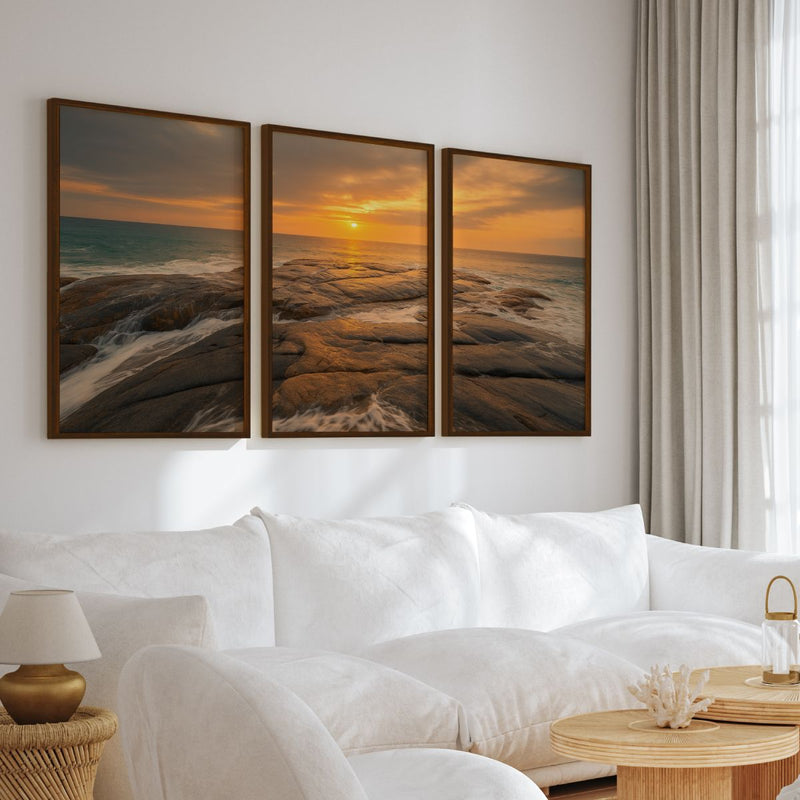 Coastal Wall Art – Sunset Ocean Waves and Rocky Shoreline - Dark Brown Framed Poster No Border - Artworksets