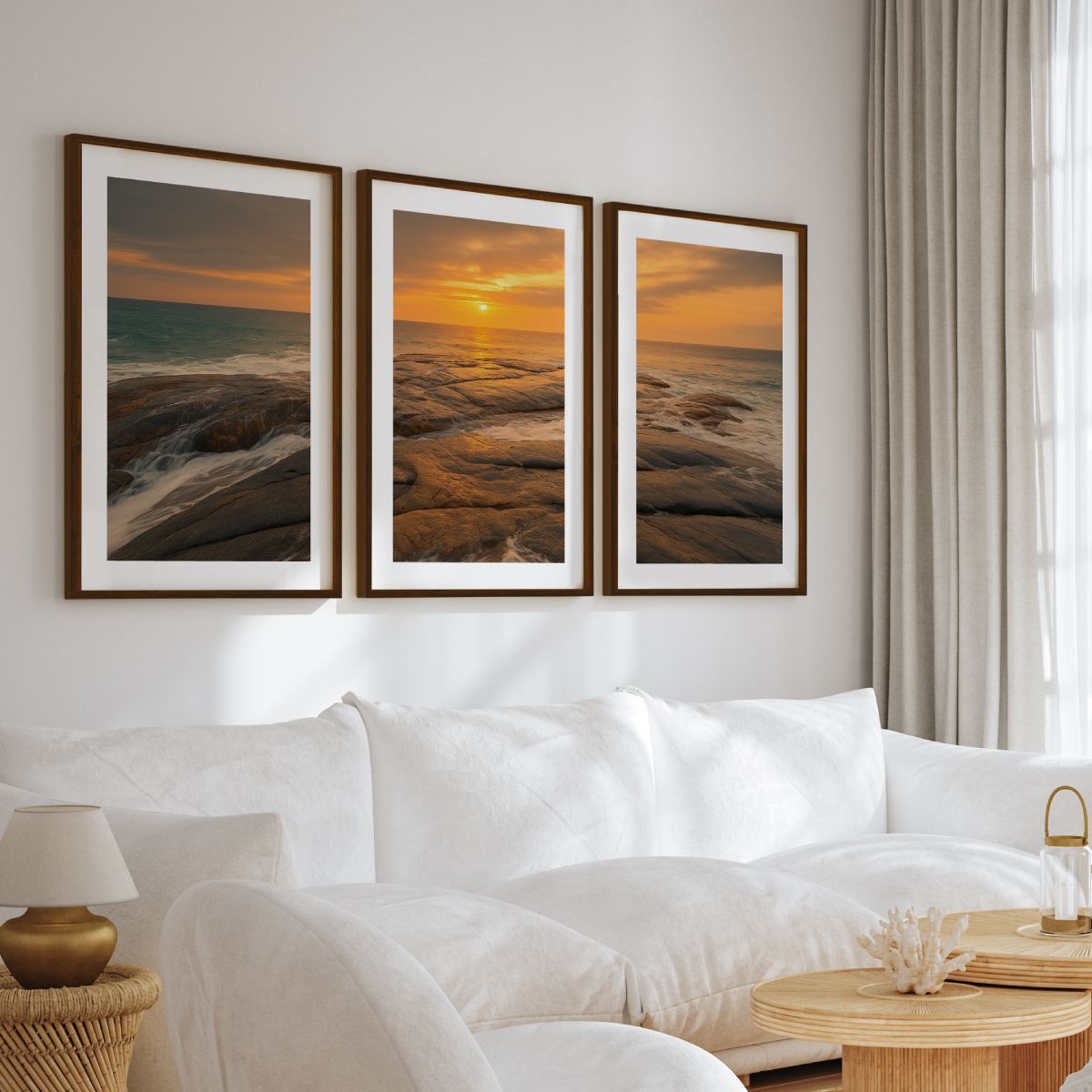 Coastal Wall Art – Sunset Ocean Waves and Rocky Shoreline - Dark Brown Framed Poster with White Border - Artworksets