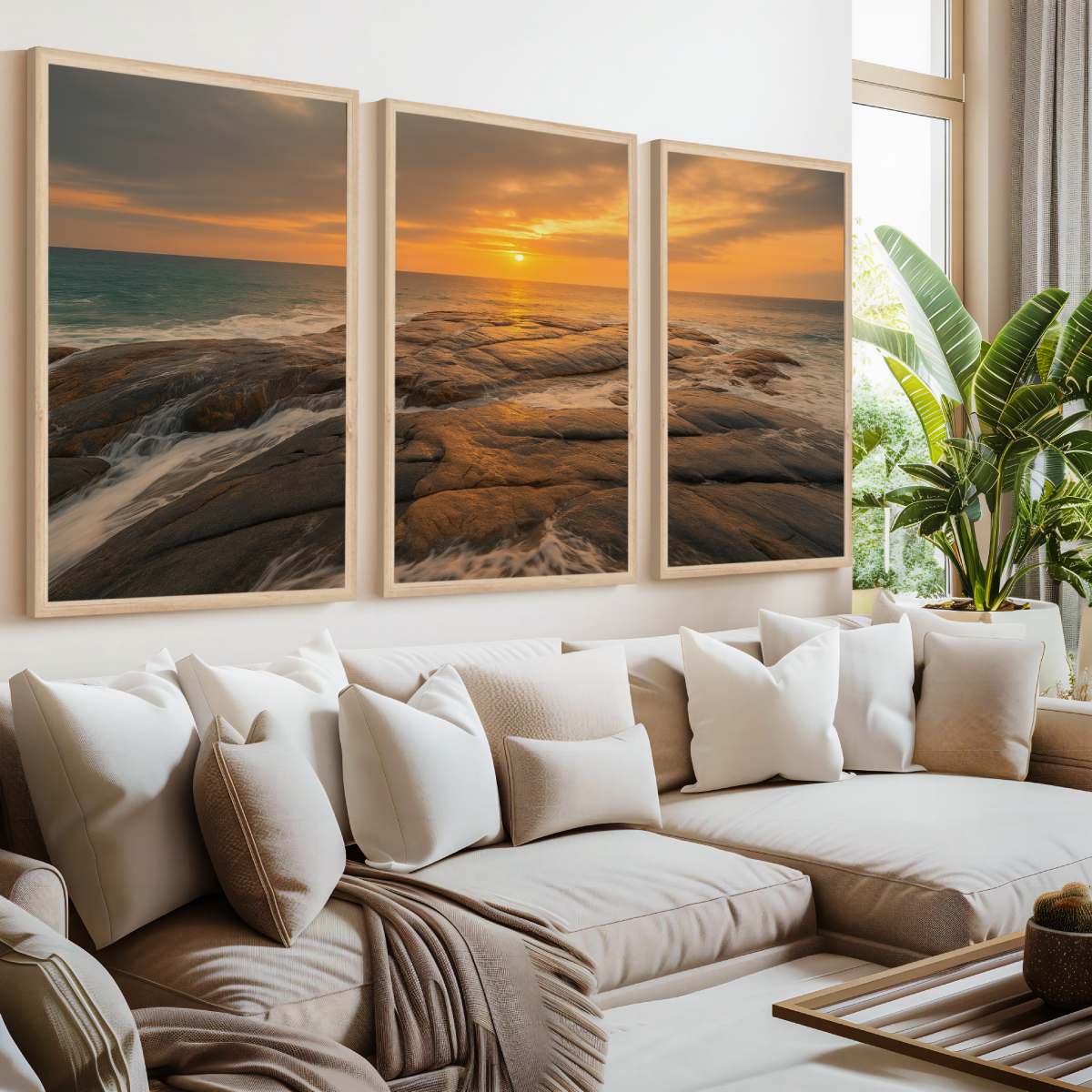 Coastal Wall Art – Sunset Ocean Waves and Rocky Shoreline - Natural Wood Framed Poster No Border - Artworksets