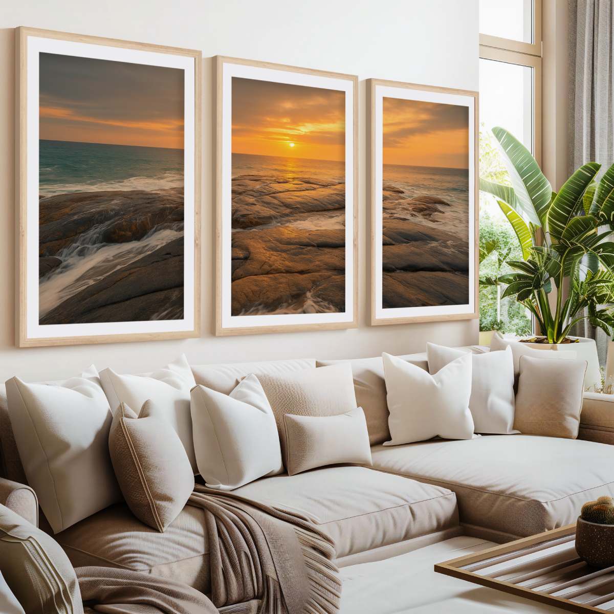 Coastal Wall Art – Sunset Ocean Waves and Rocky Shoreline- Natural Wood Framed Poster with White Border - Artworksets