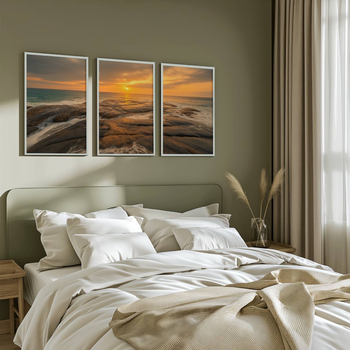 Coastal Wall Art – Sunset Ocean Waves and Rocky Shoreline - White Framed Poster No Border - Artworksets