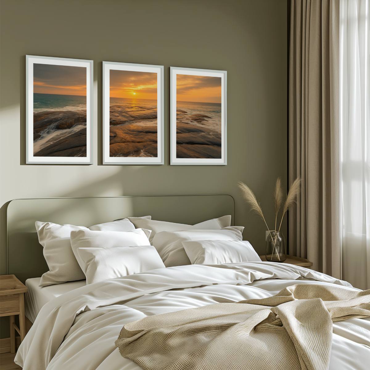 Coastal Wall Art – Sunset Ocean Waves and Rocky Shoreline - White Framed Poster with White Border - Artworksets