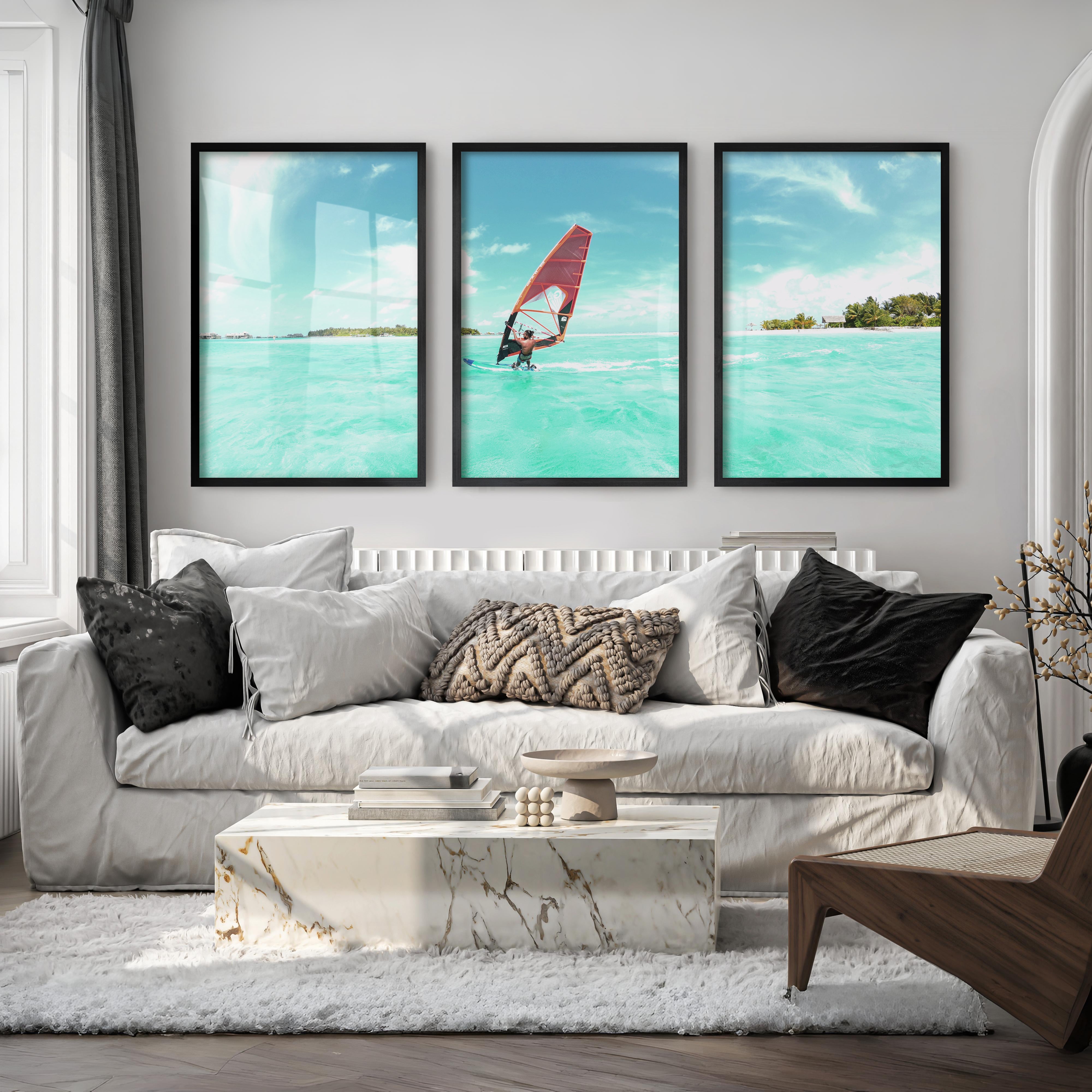 Lagoon Windsurfer surfing print with Orange Sail - Black Framed Poster No Border - Artworksets