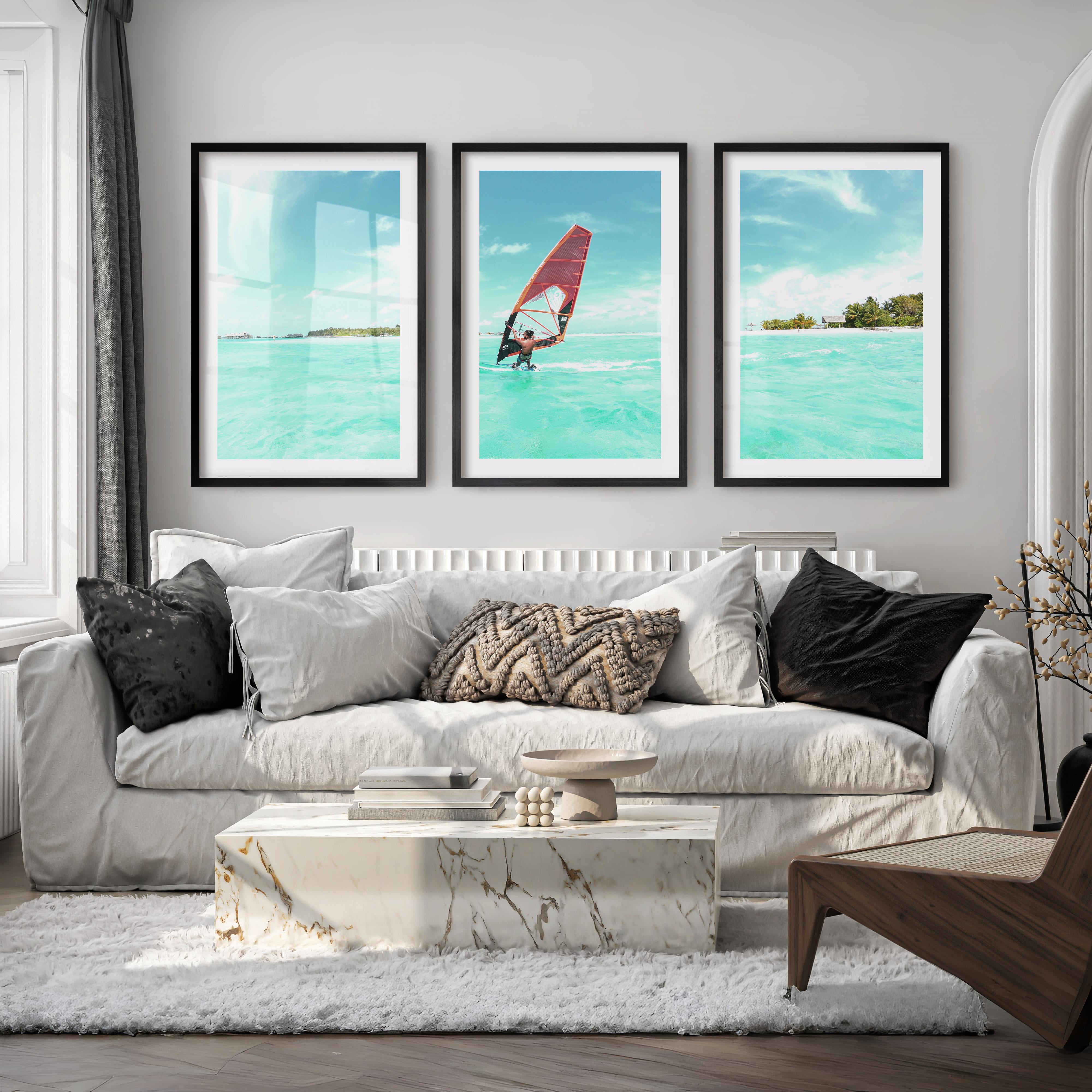Lagoon Windsurfer surfing print with Orange Sail - Black Framed Poster with White Border - Artworksets