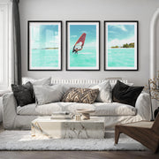 Lagoon Windsurfer surfing print with Orange Sail - Black Framed Poster with White Border - Artworksets