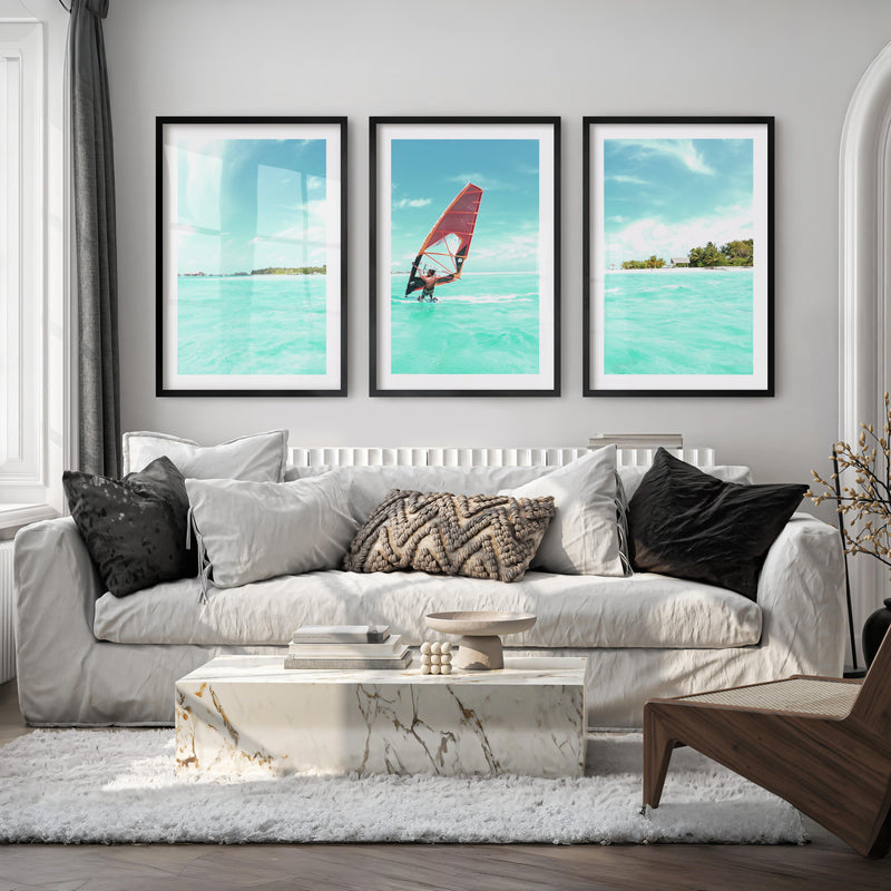 Lagoon Windsurfer surfing print with Orange Sail - Black Framed Poster with White Border - Artworksets