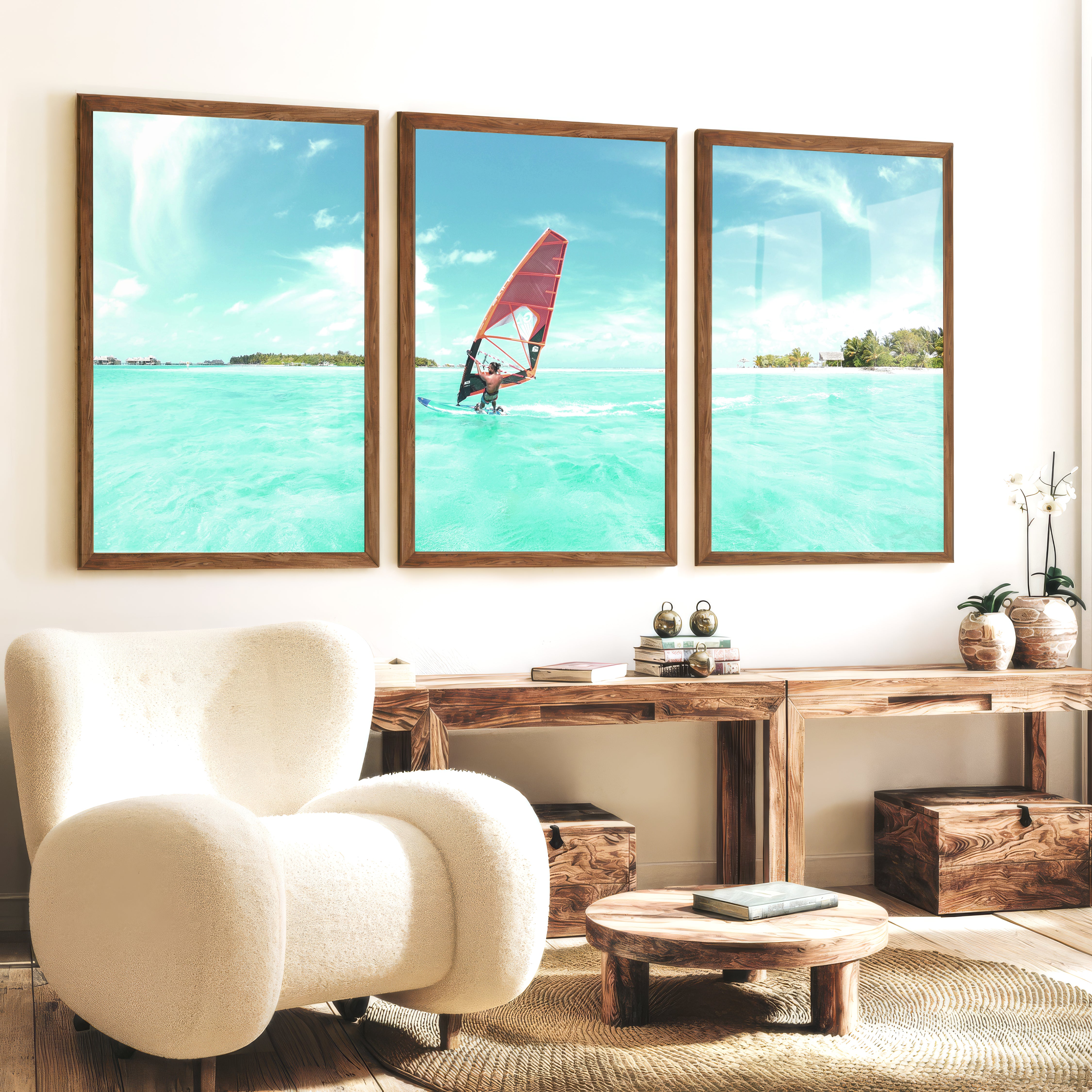 Lagoon Windsurfer surfing print with Orange Sail - Dark Brown Framed Poster No Border - Artworksets