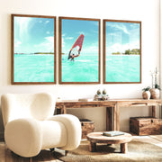 Lagoon Windsurfer surfing print with Orange Sail - Dark Brown Framed Poster No Border - Artworksets