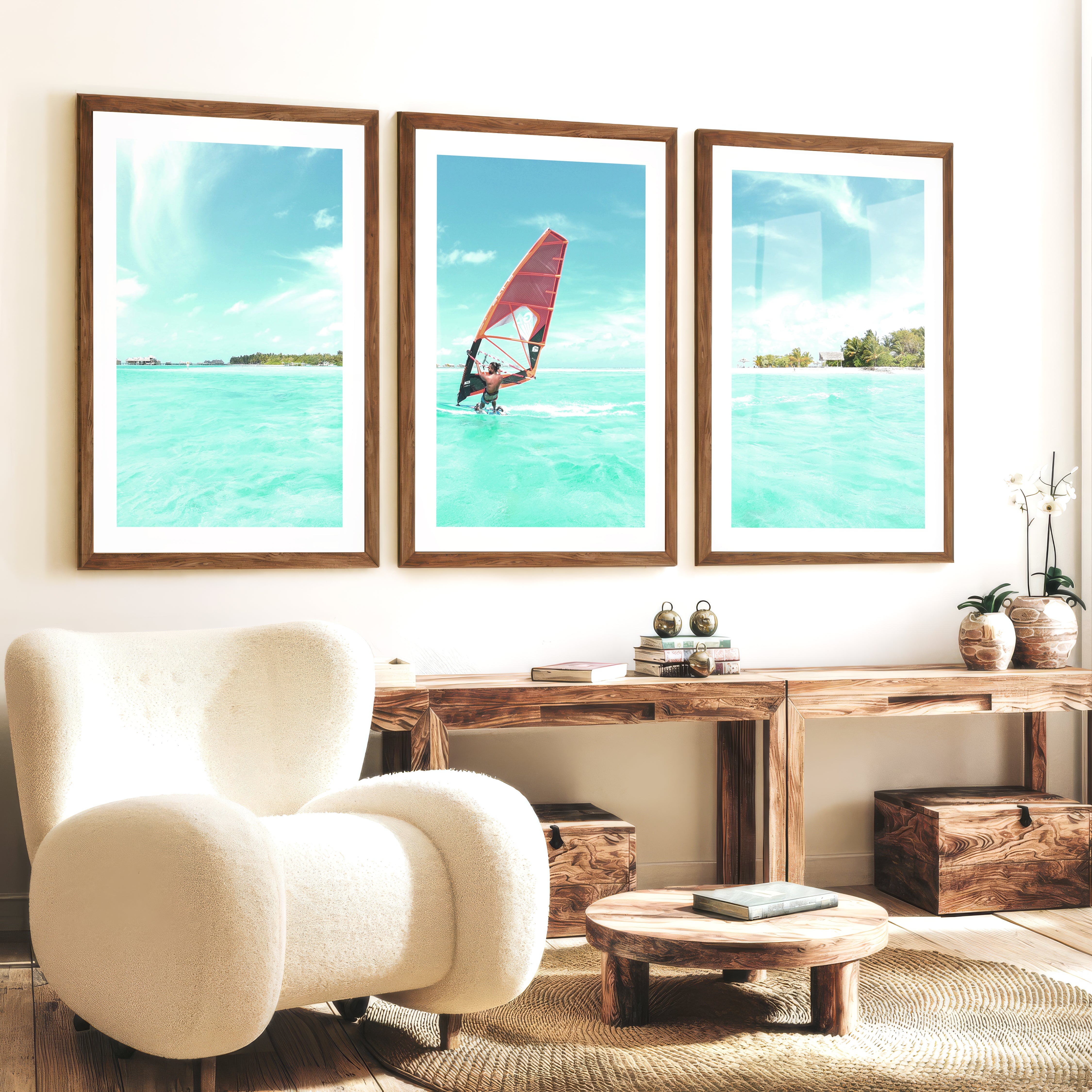 Lagoon Windsurfer surfing print with Orange Sail - Dark Brown Framed Poster with White Border - Artworksets