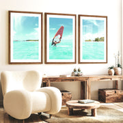 Lagoon Windsurfer surfing print with Orange Sail - Dark Brown Framed Poster with White Border - Artworksets