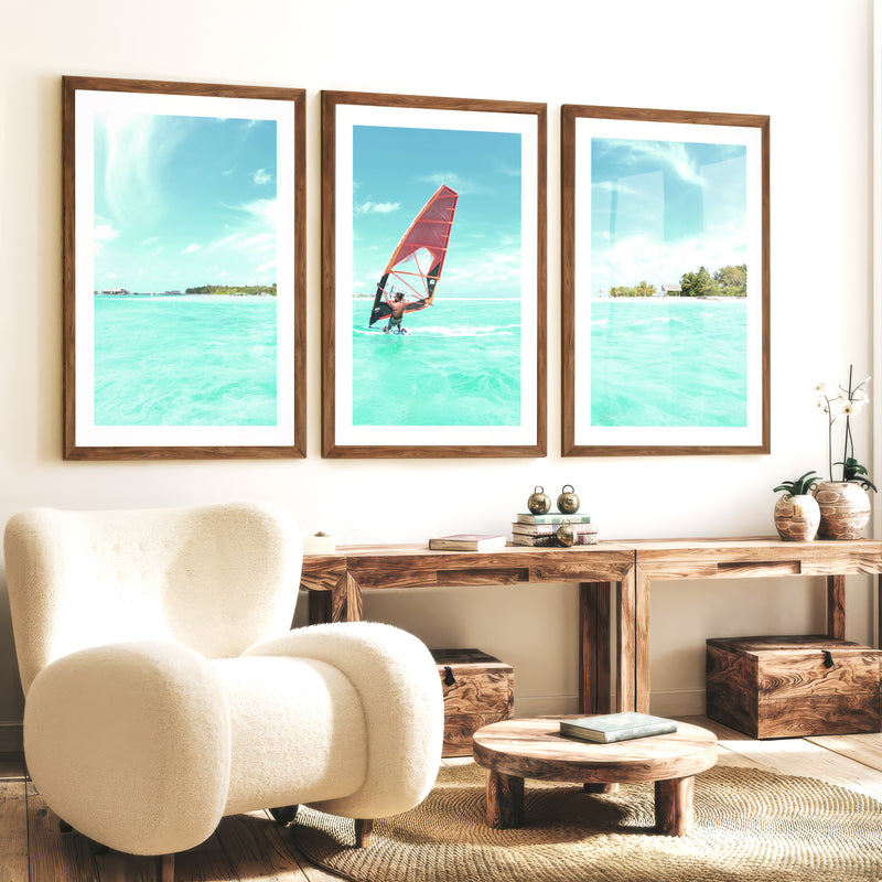Lagoon Windsurfer surfing print with Orange Sail - Dark Brown Framed Poster with White Border - Artworksets