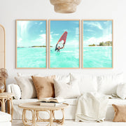Lagoon Windsurfer surfing print with Orange Sail - Natural Wood Framed Poster No Border - Artworksets