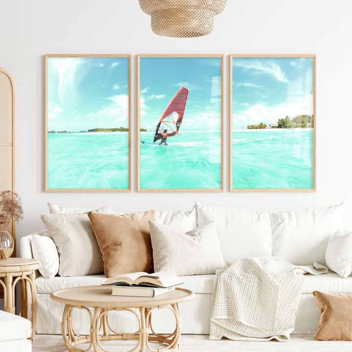 Lagoon Windsurfer surfing print with Orange Sail - Natural Wood Framed Poster No Border - Artworksets