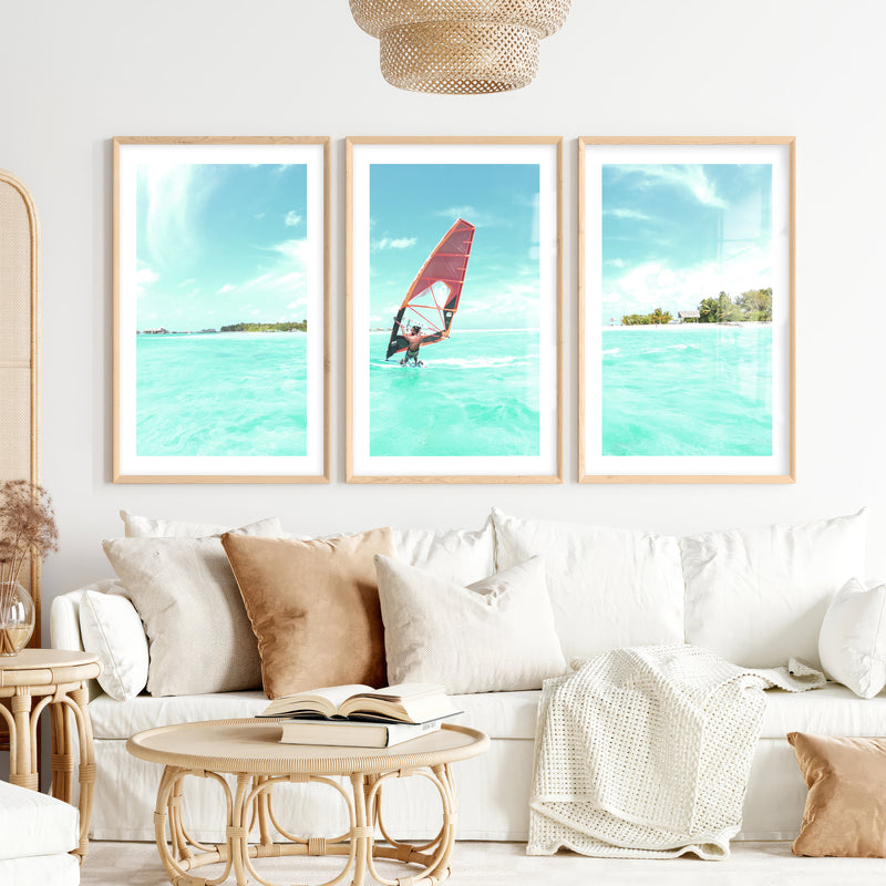 Lagoon Windsurfer surfing print with Orange Sail- Natural Wood Framed Poster with White Border - Artworksets
