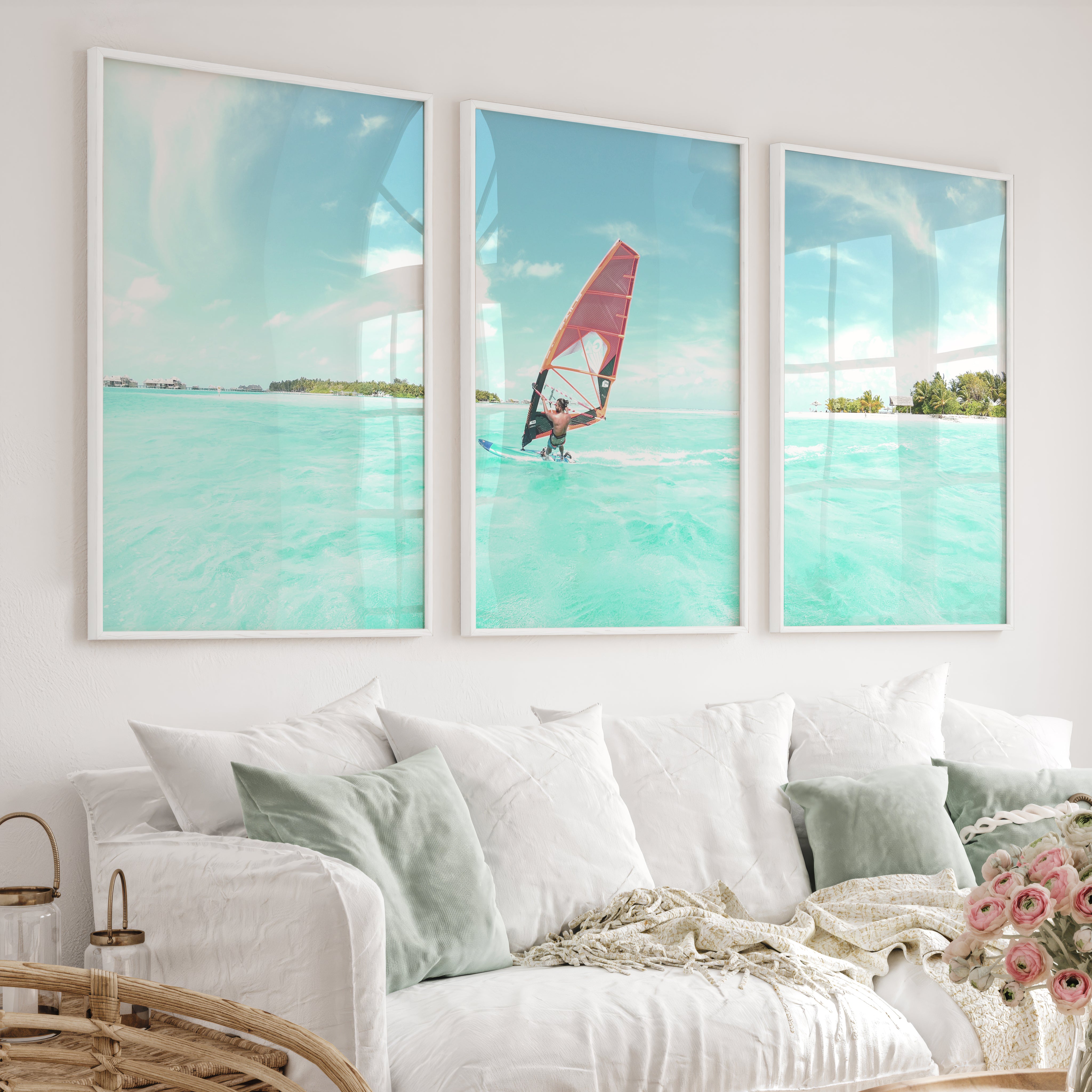 Lagoon Windsurfer surfing print with Orange Sail - White Framed Poster No Border - Artworksets
