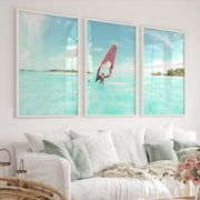 Lagoon Windsurfer surfing print with Orange Sail - White Framed Poster No Border - Artworksets