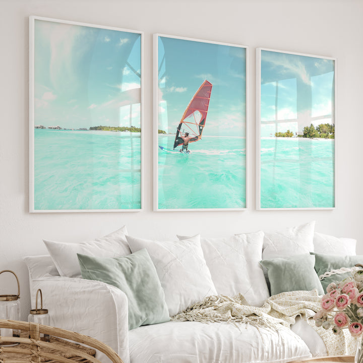 Lagoon Windsurfer surfing print with Orange Sail - White Framed Poster No Border - Artworksets