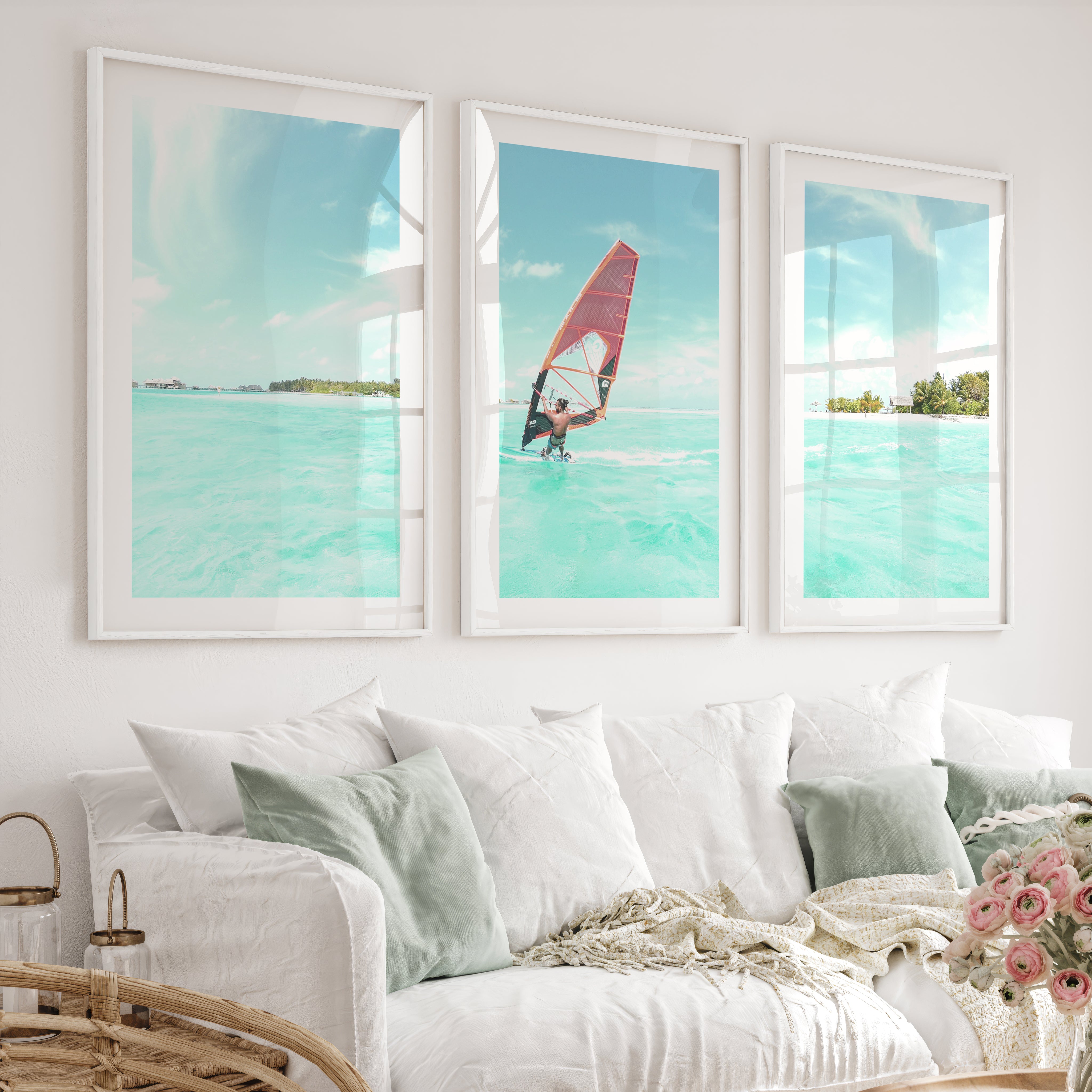Lagoon Windsurfer surfing print with Orange Sail - White Framed Poster with White Border - Artworksets