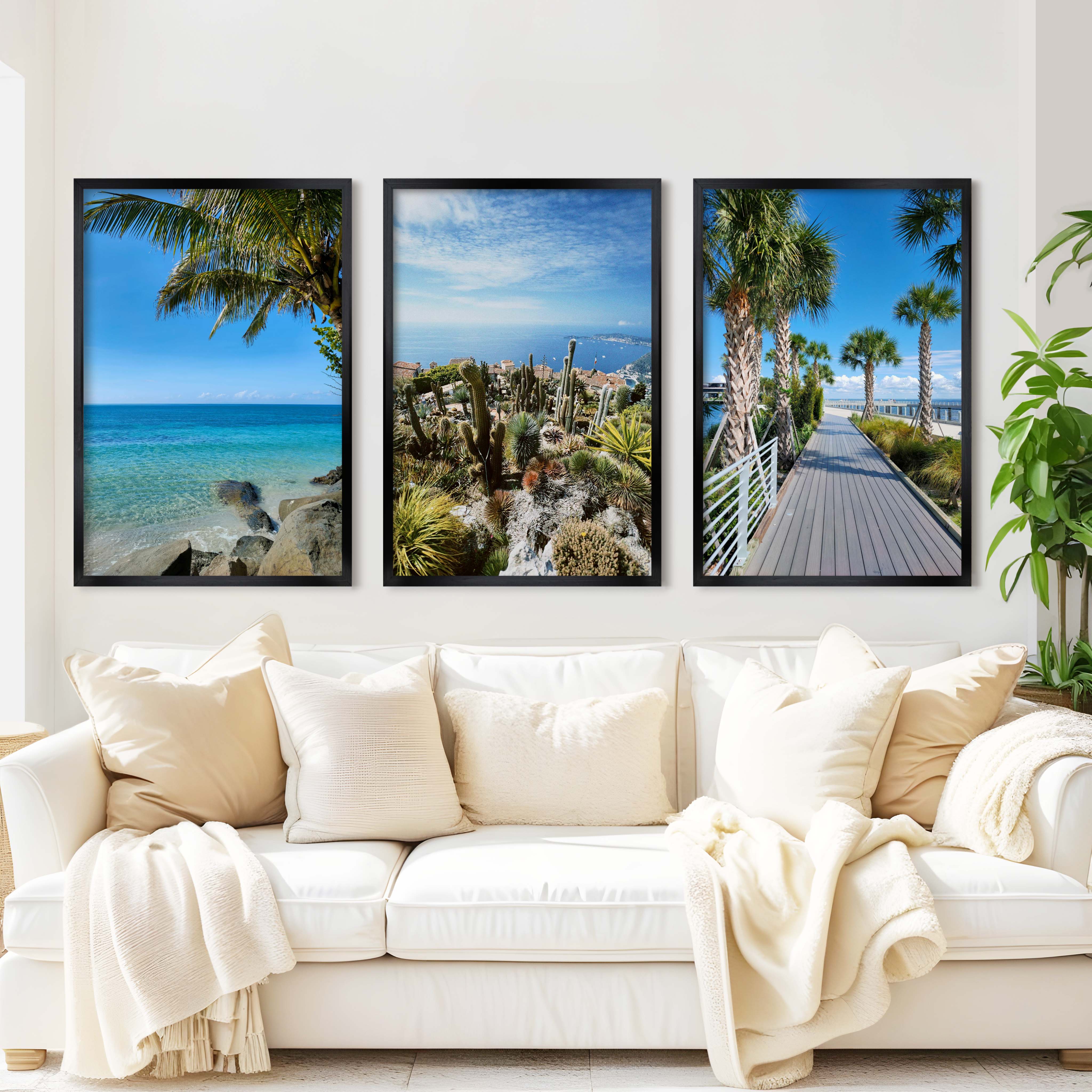 Three Piece Wall Art – Palms, Cactus & Coastal Beach Views - Black Framed Poster No Border - Artworksets