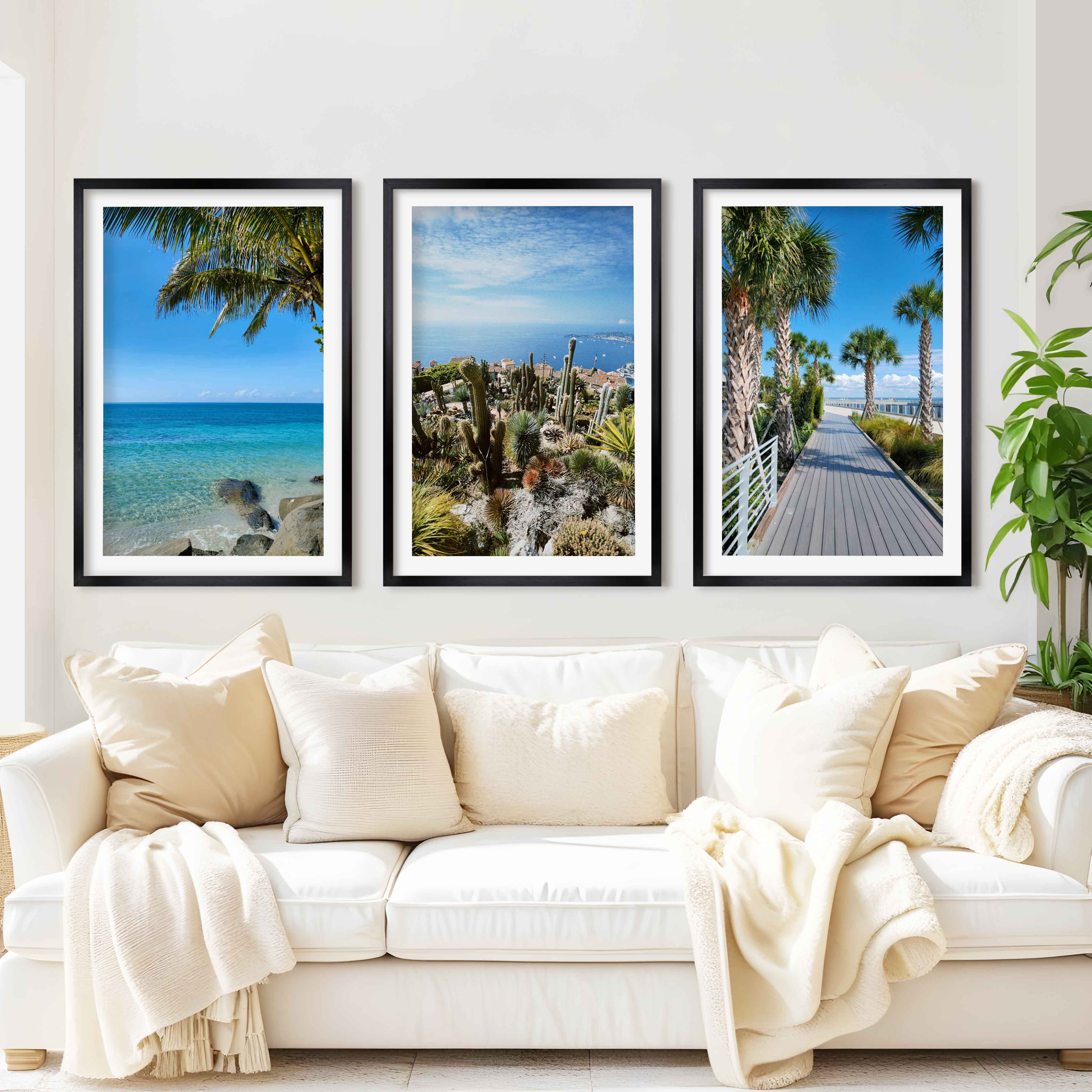 Three Piece Wall Art – Palms, Cactus & Coastal Beach Views - Black Framed Poster with White Border - Artworksets