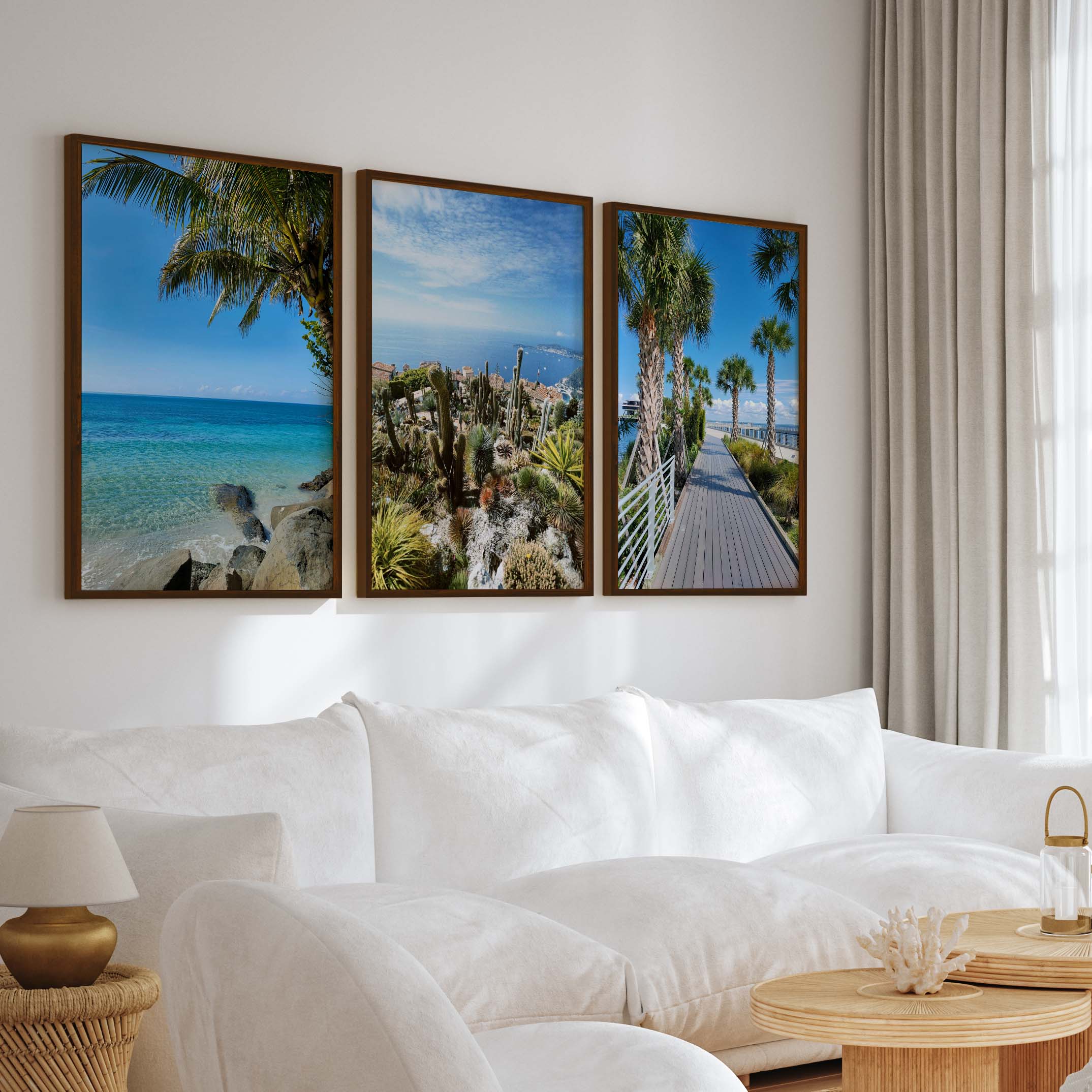 Three Piece Wall Art – Palms, Cactus & Coastal Beach Views - Dark Brown Framed Poster No Border - Artworksets