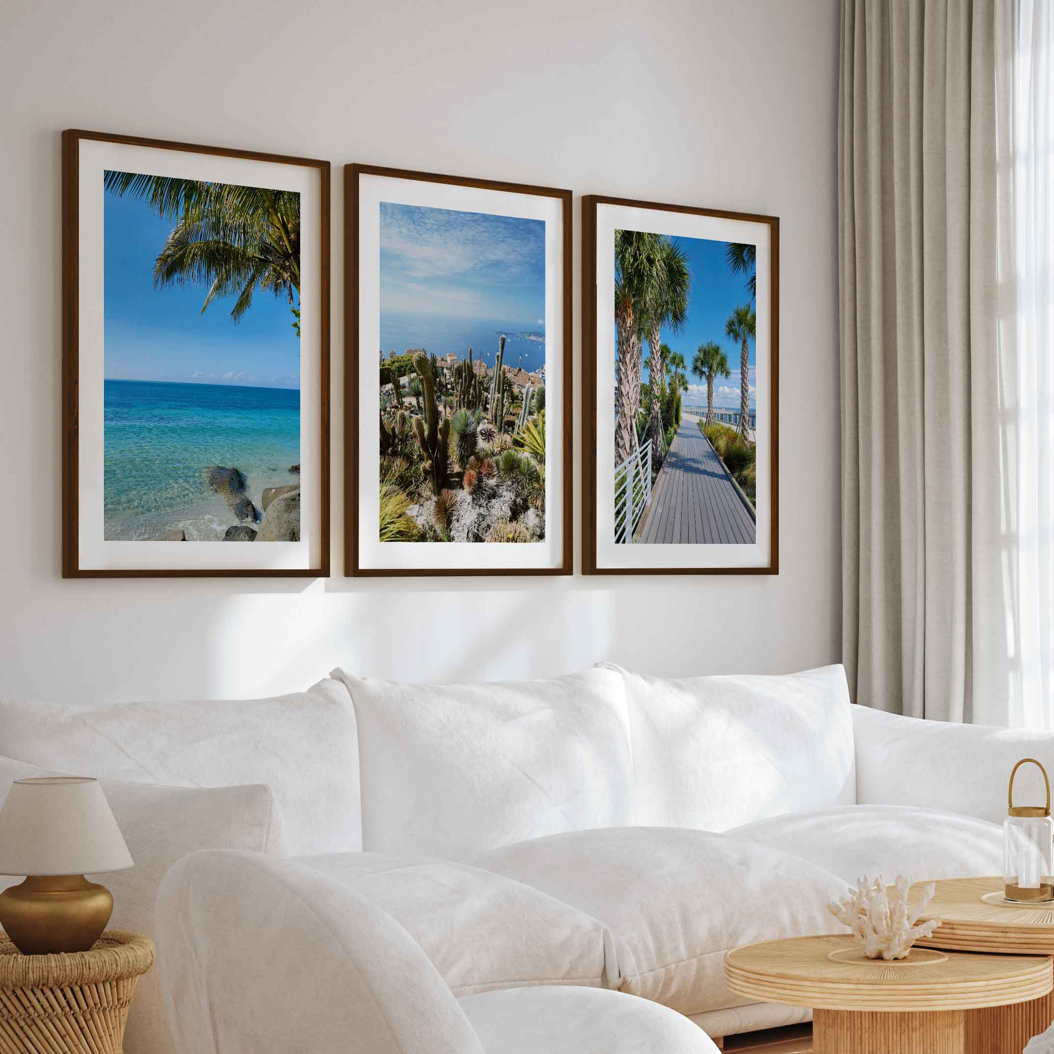 Three Piece Wall Art – Palms, Cactus & Coastal Beach Views - Dark Brown Framed Poster with White Border - Artworksets