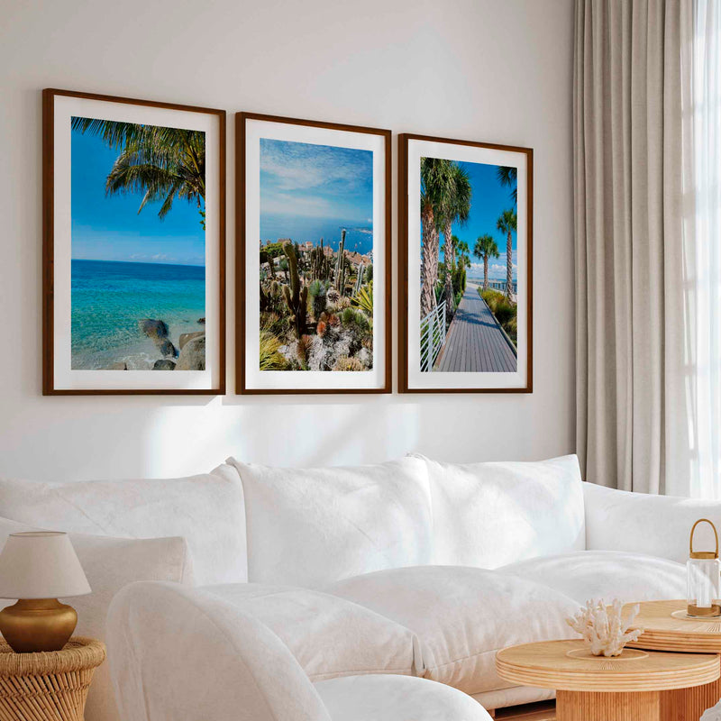 Three Piece Wall Art – Palms, Cactus & Coastal Beach Views - Dark Brown Framed Poster with White Border - Artworksets