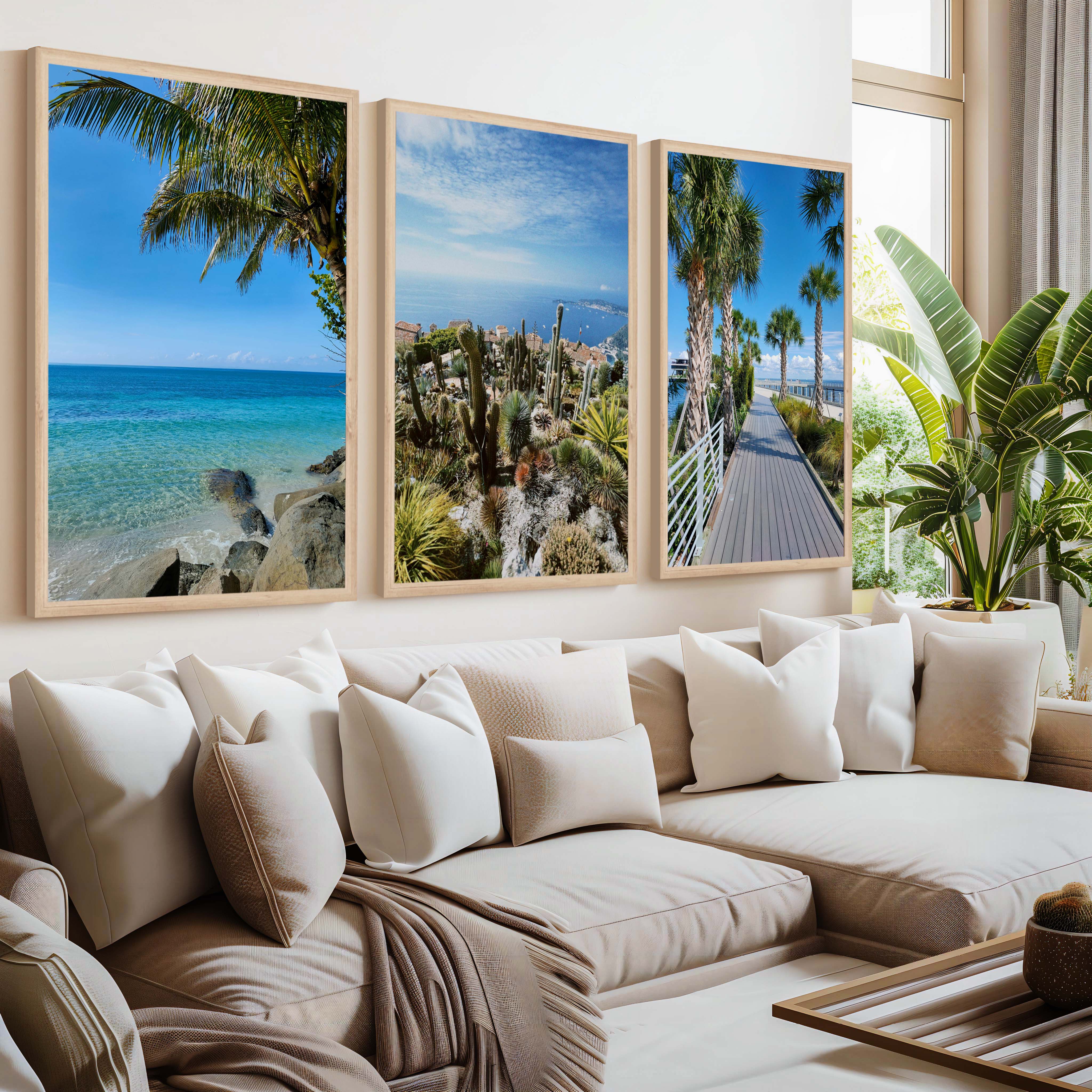 Three Piece Wall Art – Palms, Cactus & Coastal Beach Views - Natural Wood Framed Poster No Border - Artworksets