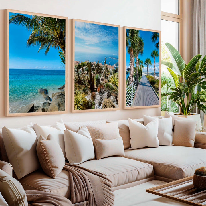 Three Piece Wall Art – Palms, Cactus & Coastal Beach Views - Natural Wood Framed Poster No Border - Artworksets