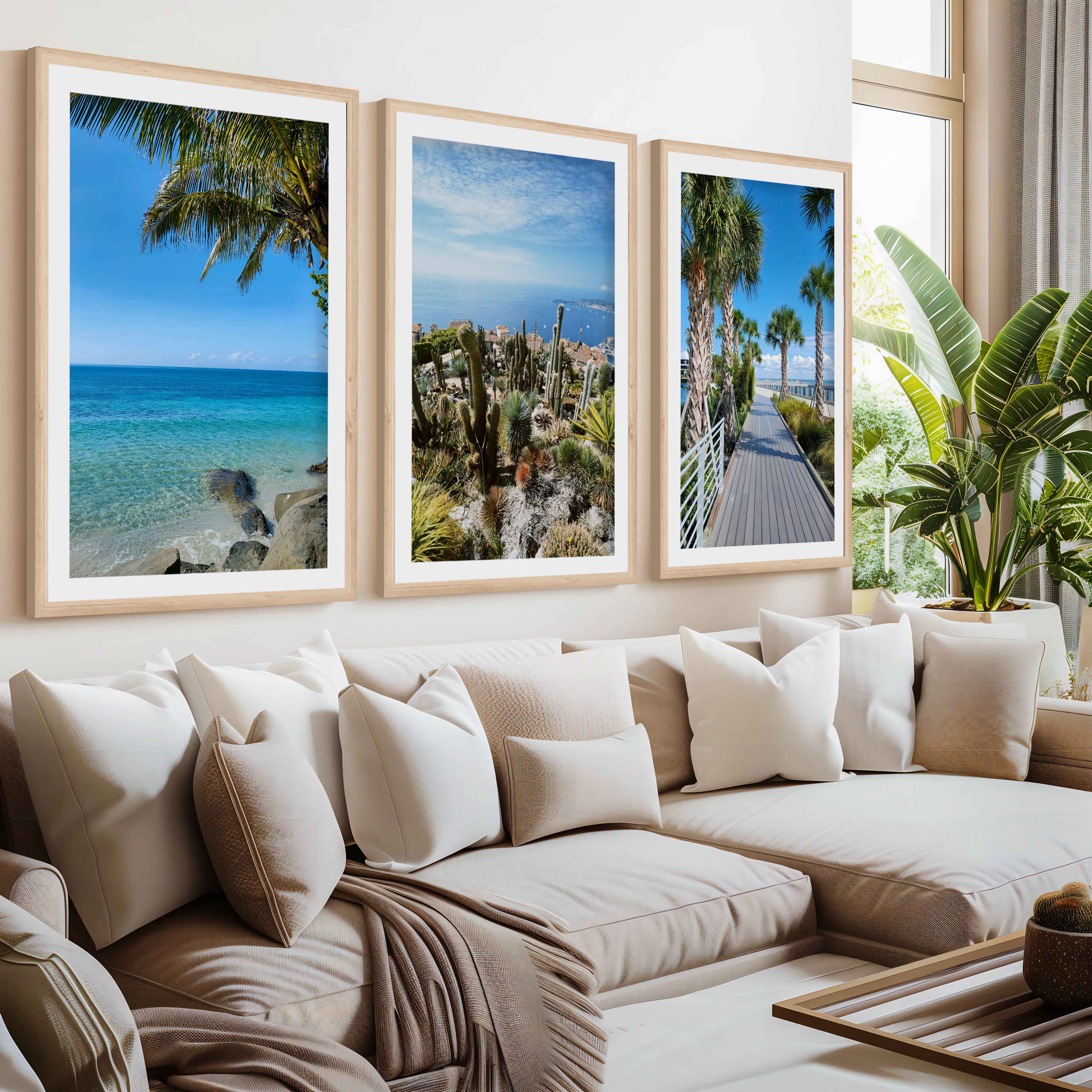 Three Piece Wall Art – Palms, Cactus & Coastal Beach Views- Natural Wood Framed Poster with White Border - Artworksets
