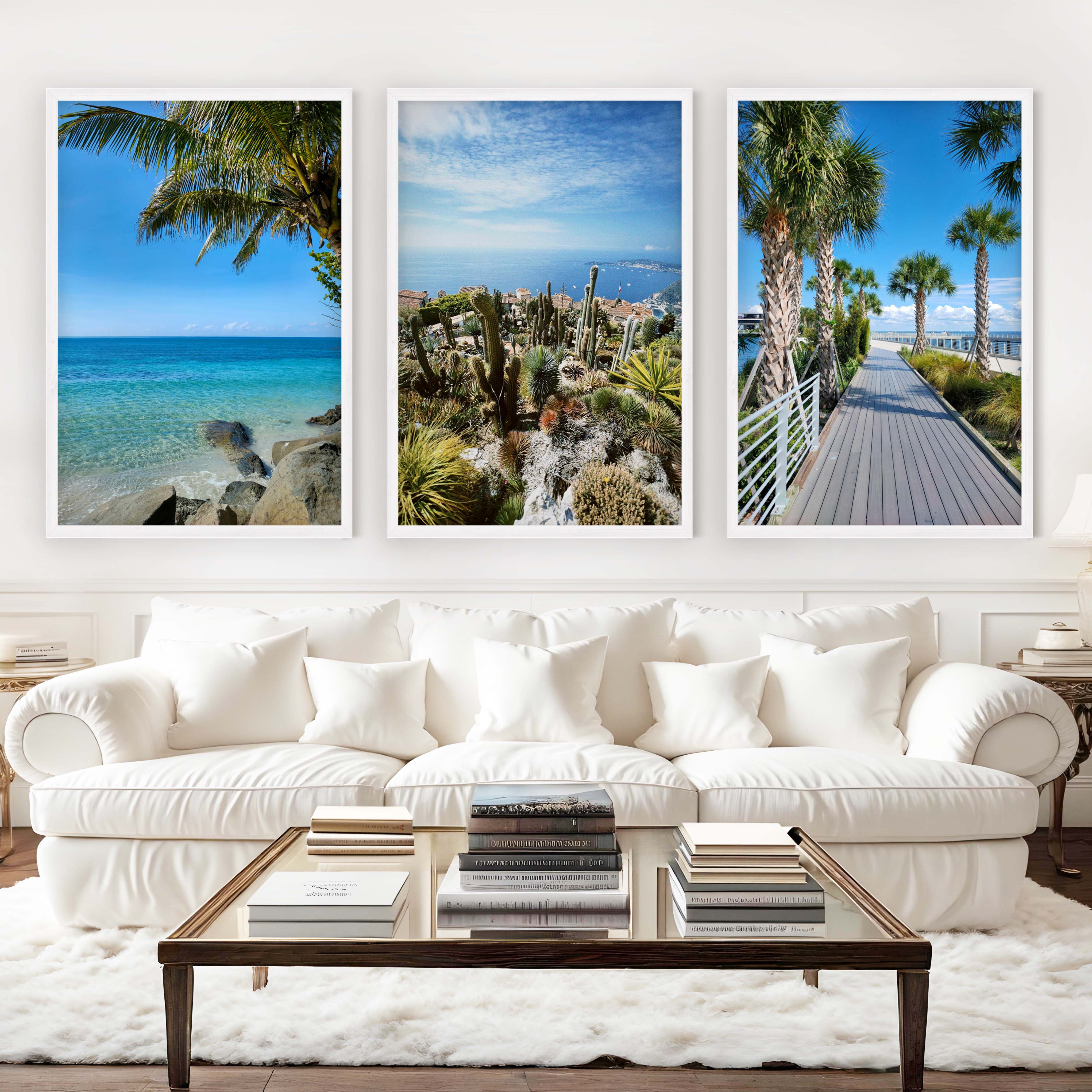 Three Piece Wall Art – Palms, Cactus & Coastal Beach Views - White Framed Poster No Border - Artworksets
