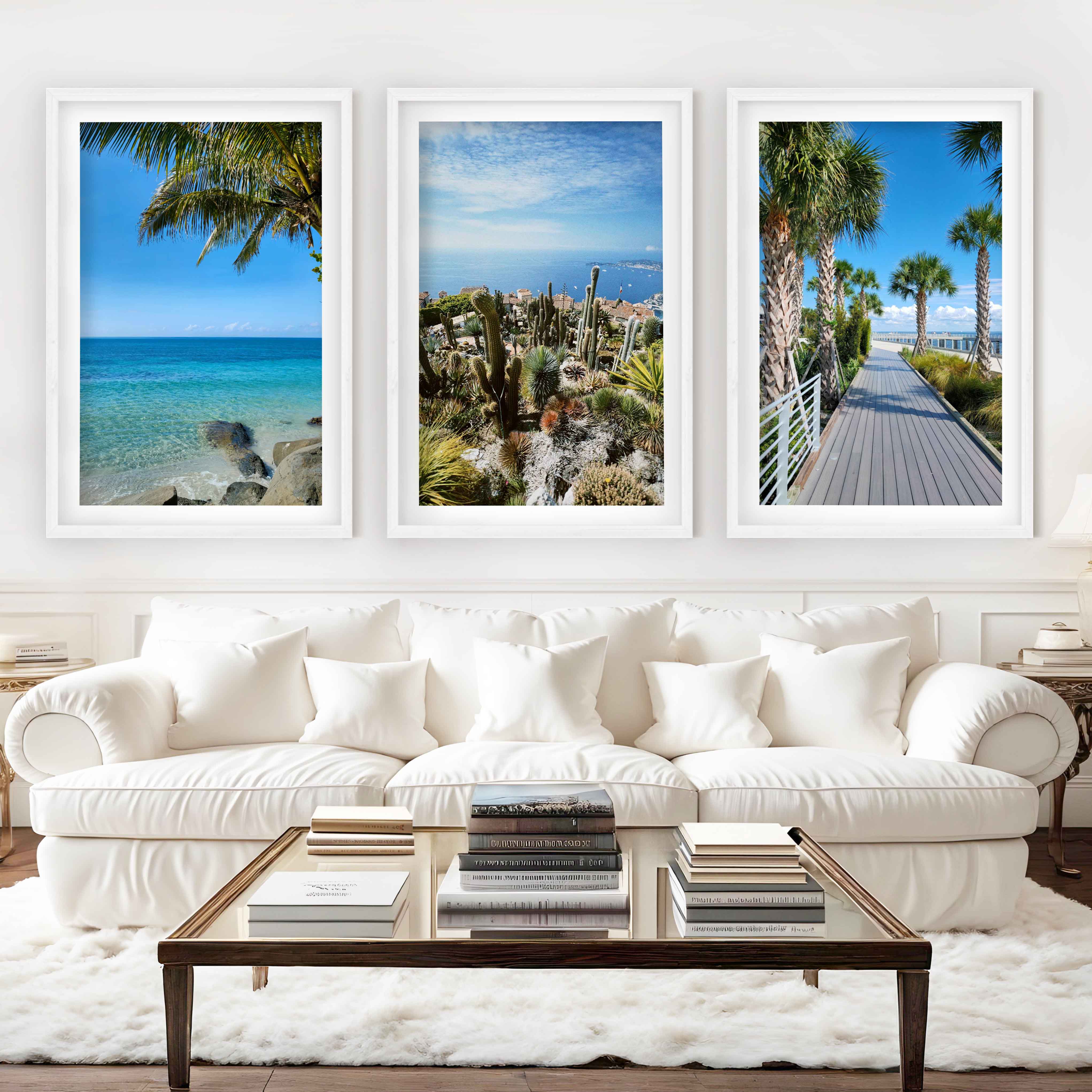 Three Piece Wall Art – Palms, Cactus & Coastal Beach Views - White Framed Poster with White Border - Artworksets