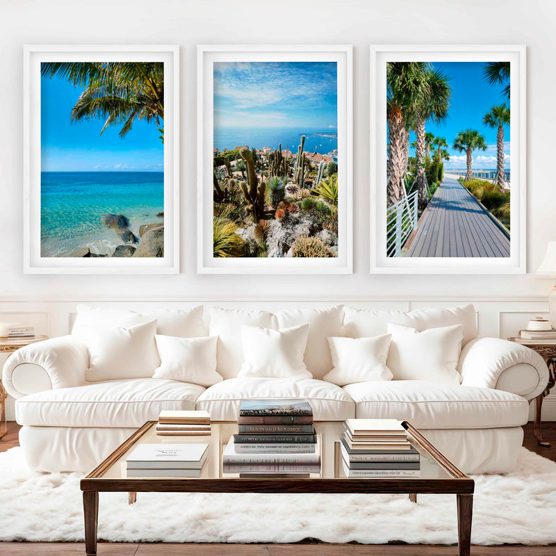 Three Piece Wall Art – Palms, Cactus & Coastal Beach Views - White Framed Poster with White Border - Artworksets