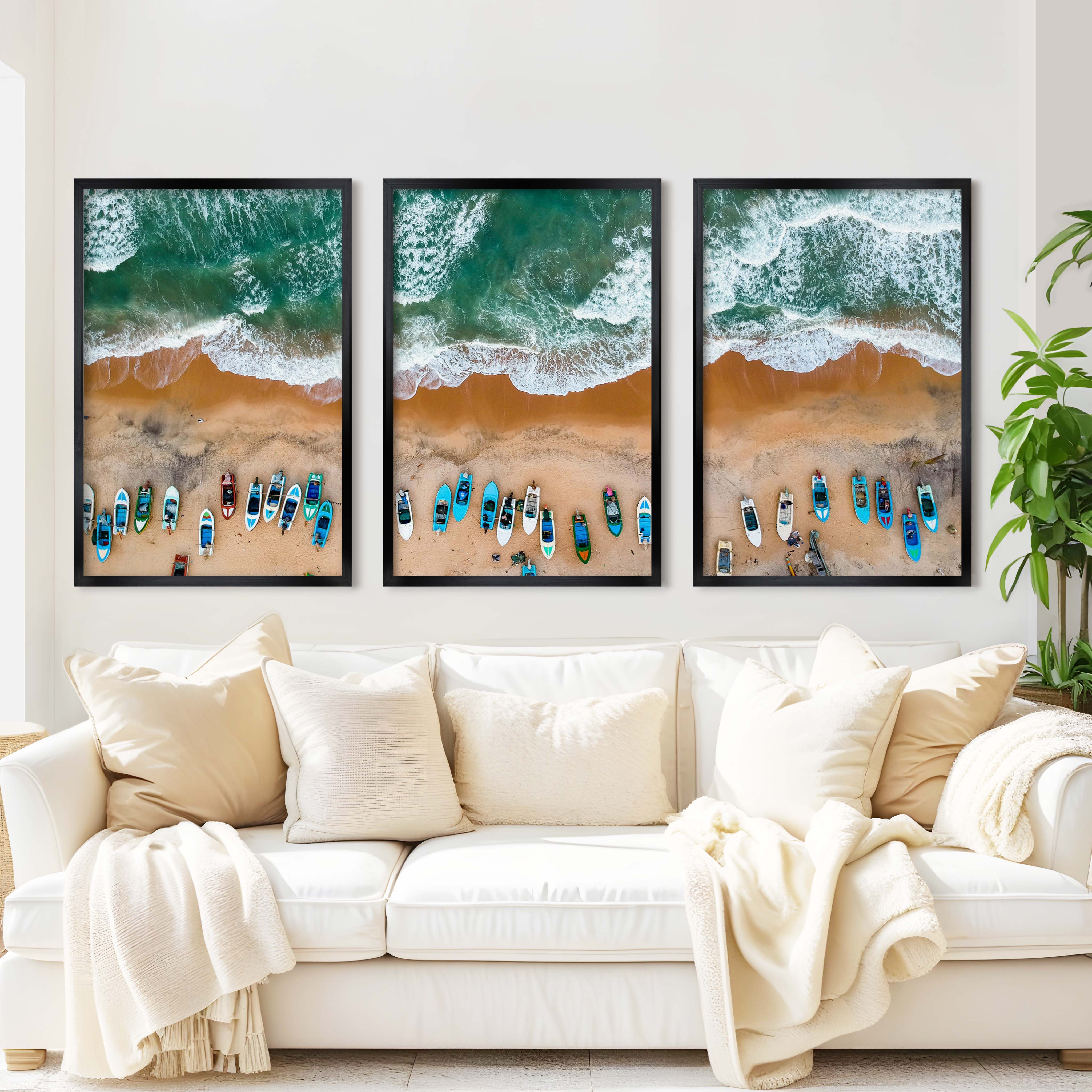 Three Piece Wall Decor Set – Colorful Boats and Ocean Shore - Black Framed Poster No Border - Artworksets