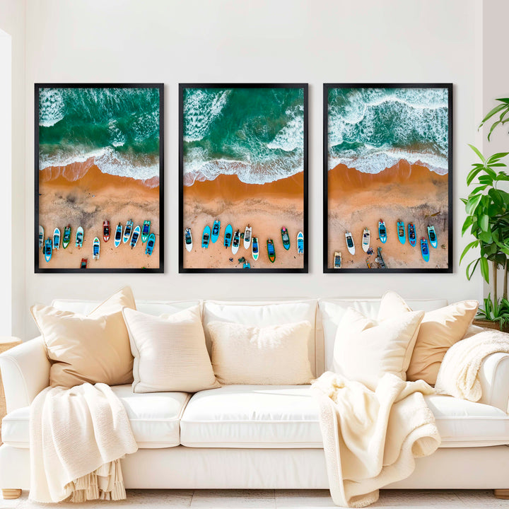 Three Piece Wall Decor Set – Colorful Boats and Ocean Shore - Black Framed Poster No Border - Artworksets