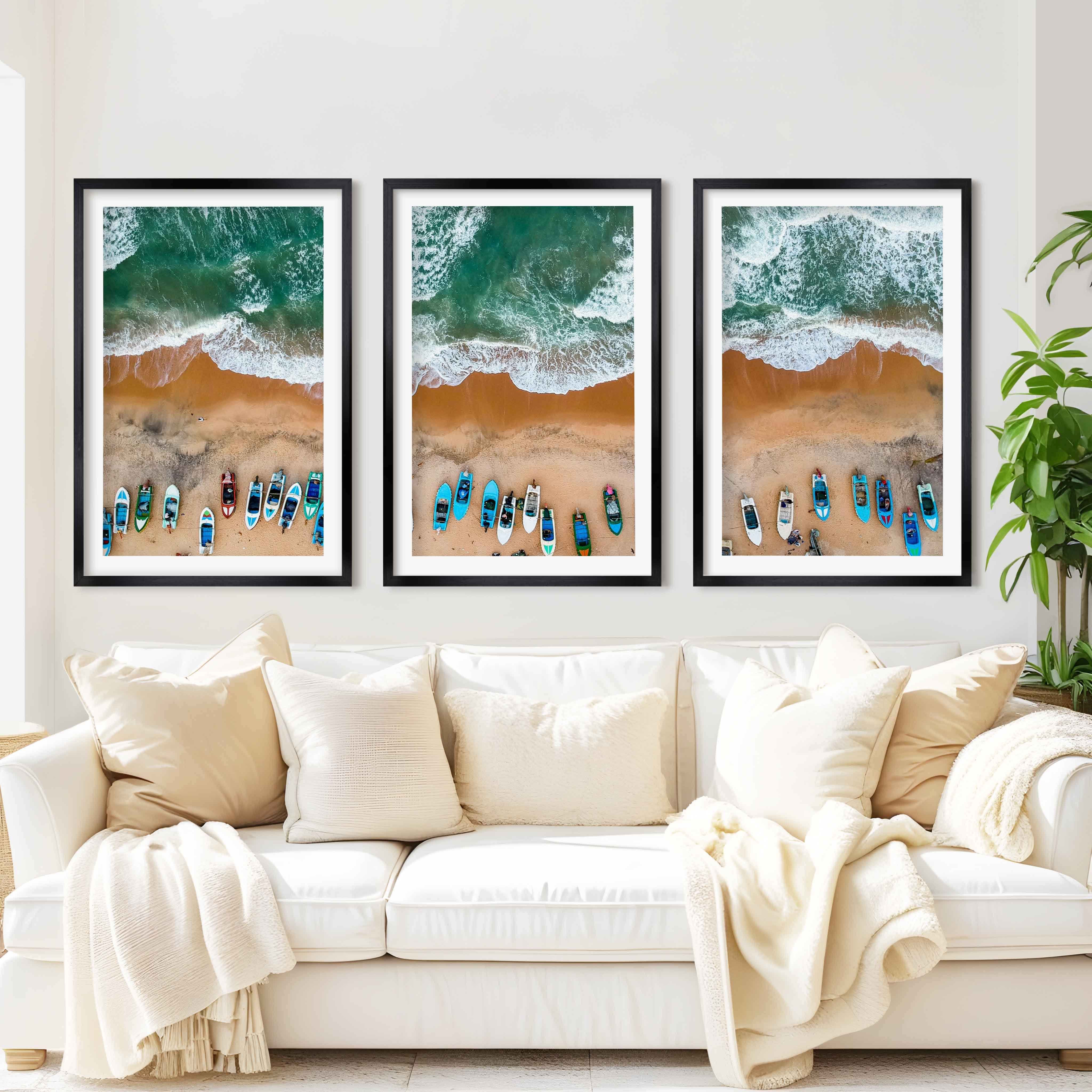 Three Piece Wall Decor Set – Colorful Boats and Ocean Shore - Black Framed Poster with White Border - Artworksets