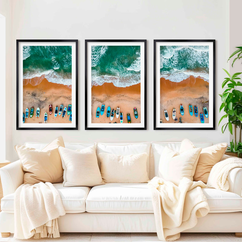 Three Piece Wall Decor Set – Colorful Boats and Ocean Shore - Black Framed Poster with White Border - Artworksets