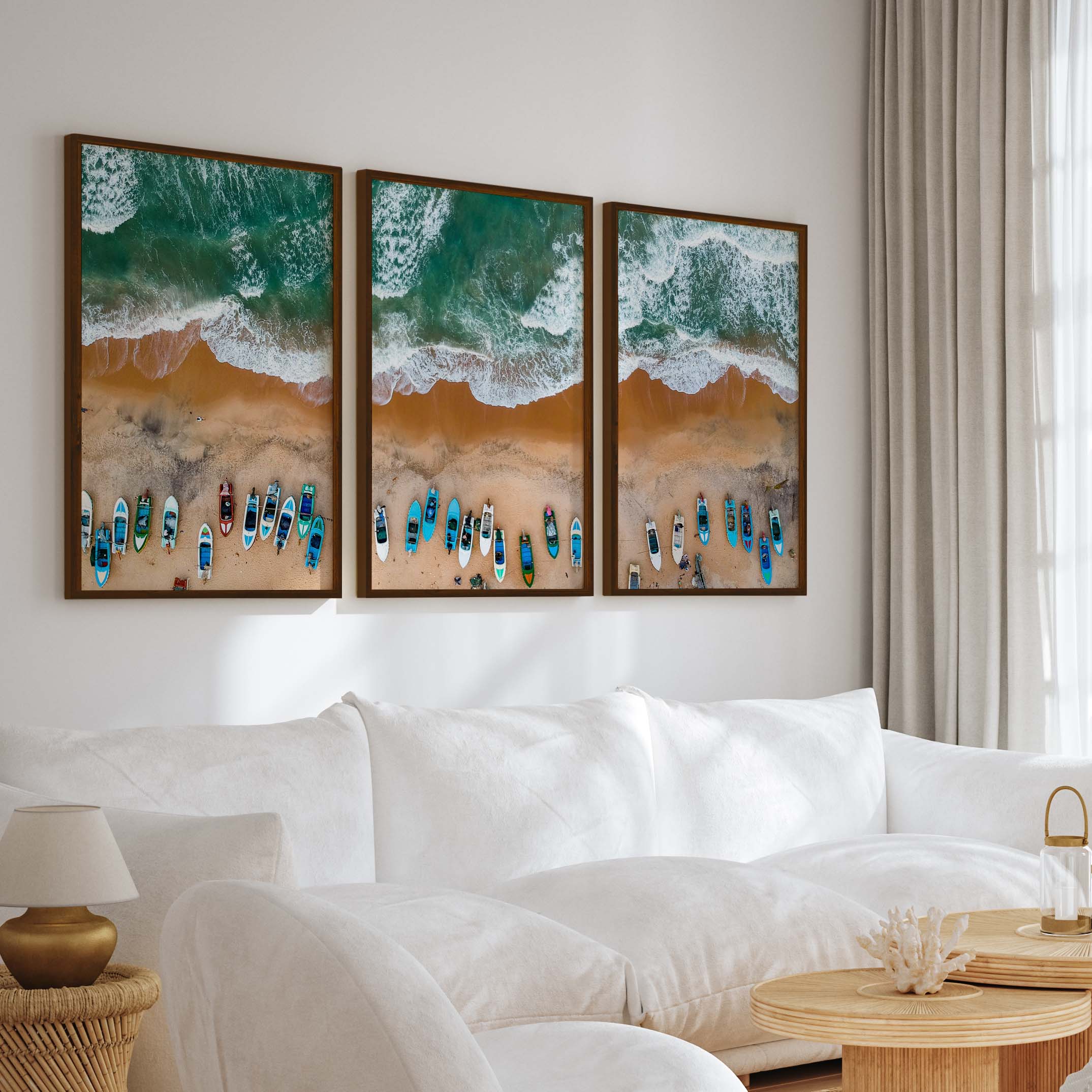 Three Piece Wall Decor Set – Colorful Boats and Ocean Shore - Dark Brown Framed Poster No Border - Artworksets