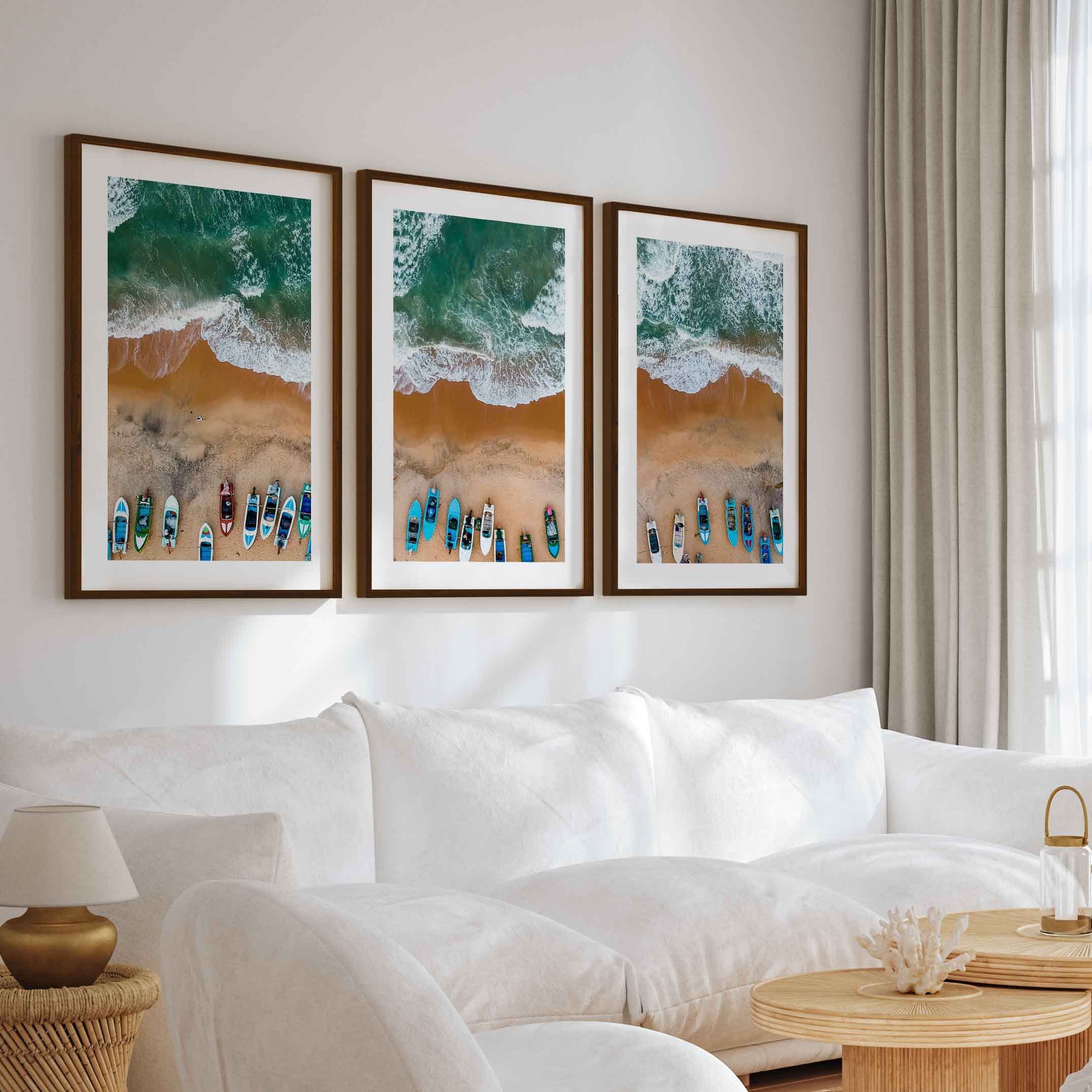 Three Piece Wall Decor Set – Colorful Boats and Ocean Shore - Dark Brown Framed Poster with White Border - Artworksets