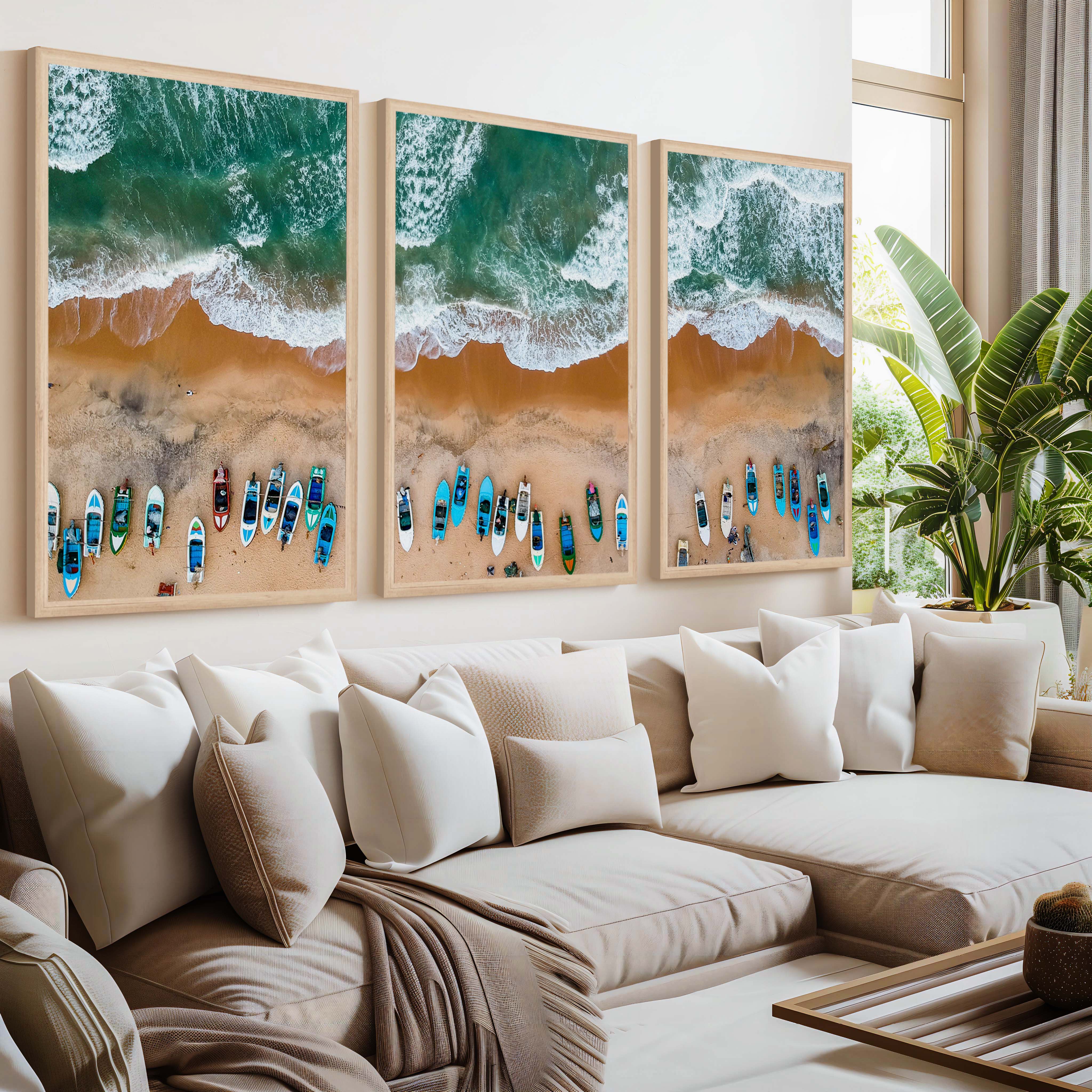 Three Piece Wall Decor Set – Colorful Boats and Ocean Shore - Natural Wood Framed Poster No Border - Artworksets