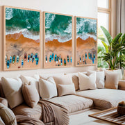 Three Piece Wall Decor Set – Colorful Boats and Ocean Shore - Natural Wood Framed Poster No Border - Artworksets