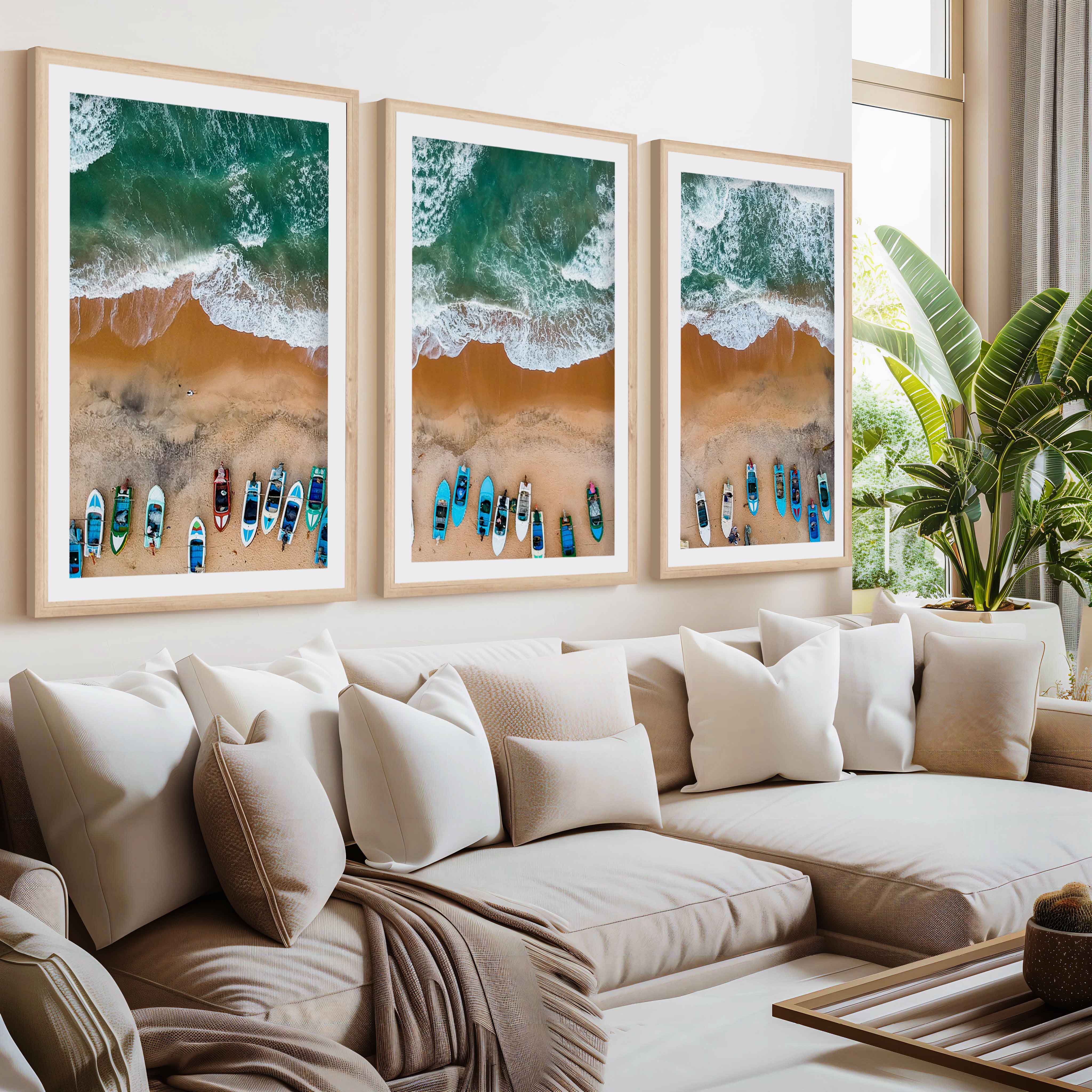 Three Piece Wall Decor Set – Colorful Boats and Ocean Shore- Natural Wood Framed Poster with White Border - Artworksets