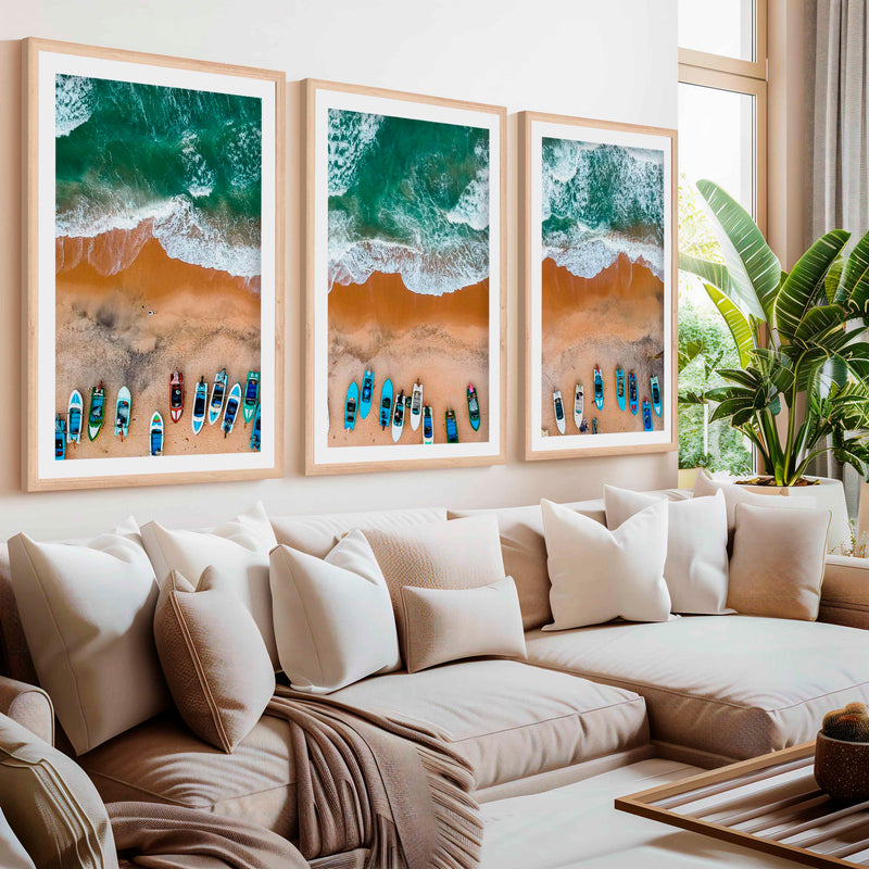 Three Piece Wall Decor Set – Colorful Boats and Ocean Shore- Natural Wood Framed Poster with White Border - Artworksets