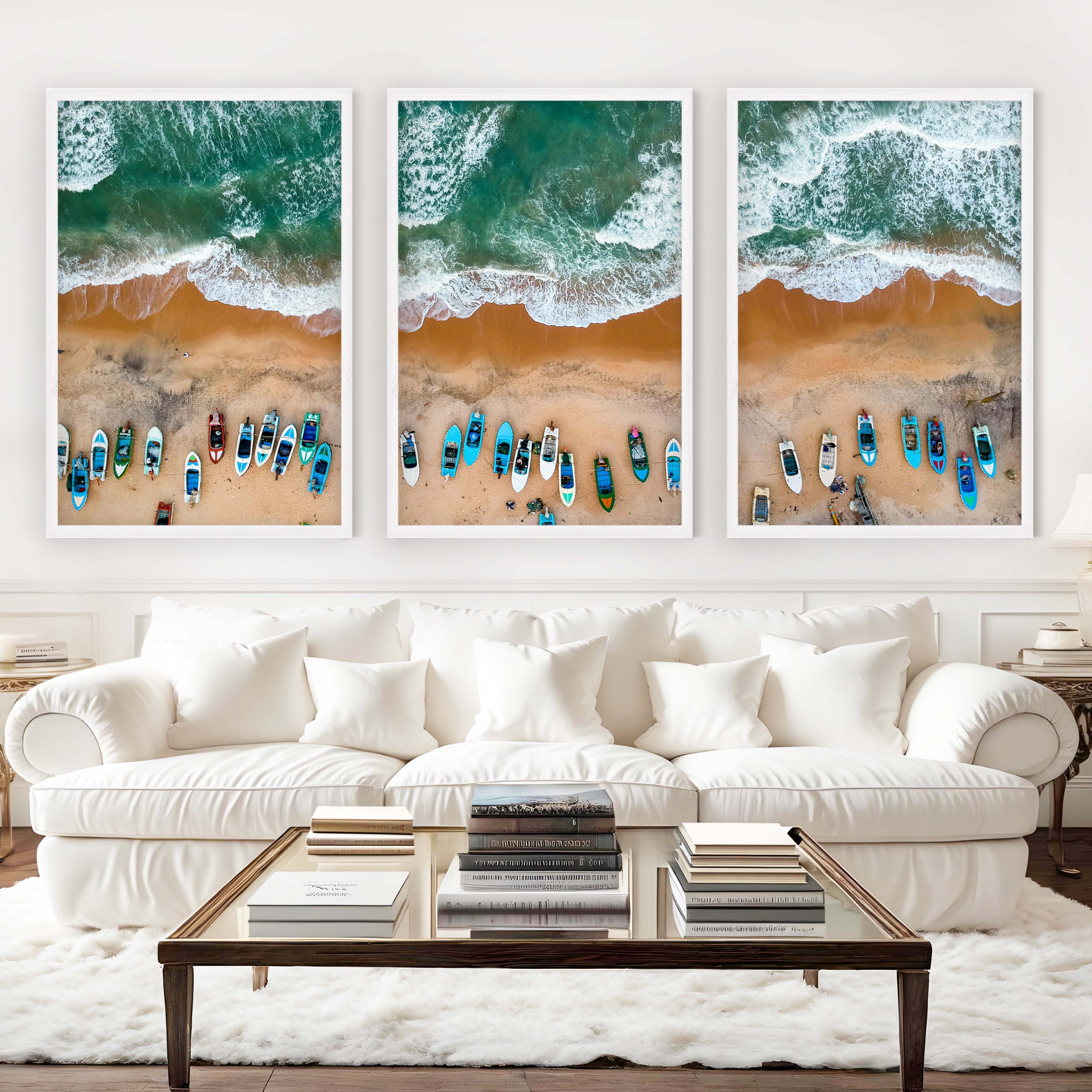 Three Piece Wall Decor Set – Colorful Boats and Ocean Shore - White Framed Poster No Border - Artworksets