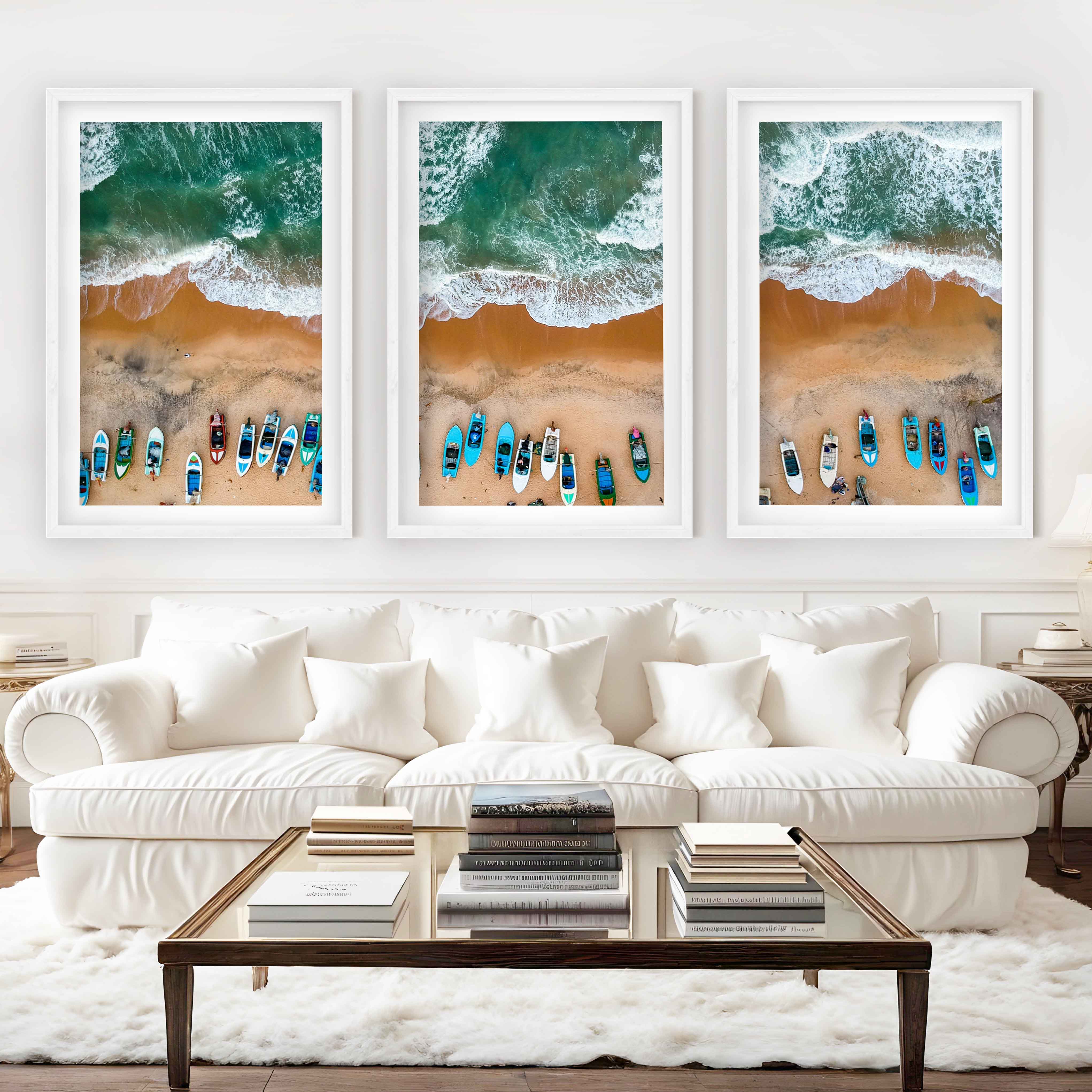 Three Piece Wall Decor Set – Colorful Boats and Ocean Shore - White Framed Poster with White Border - Artworksets