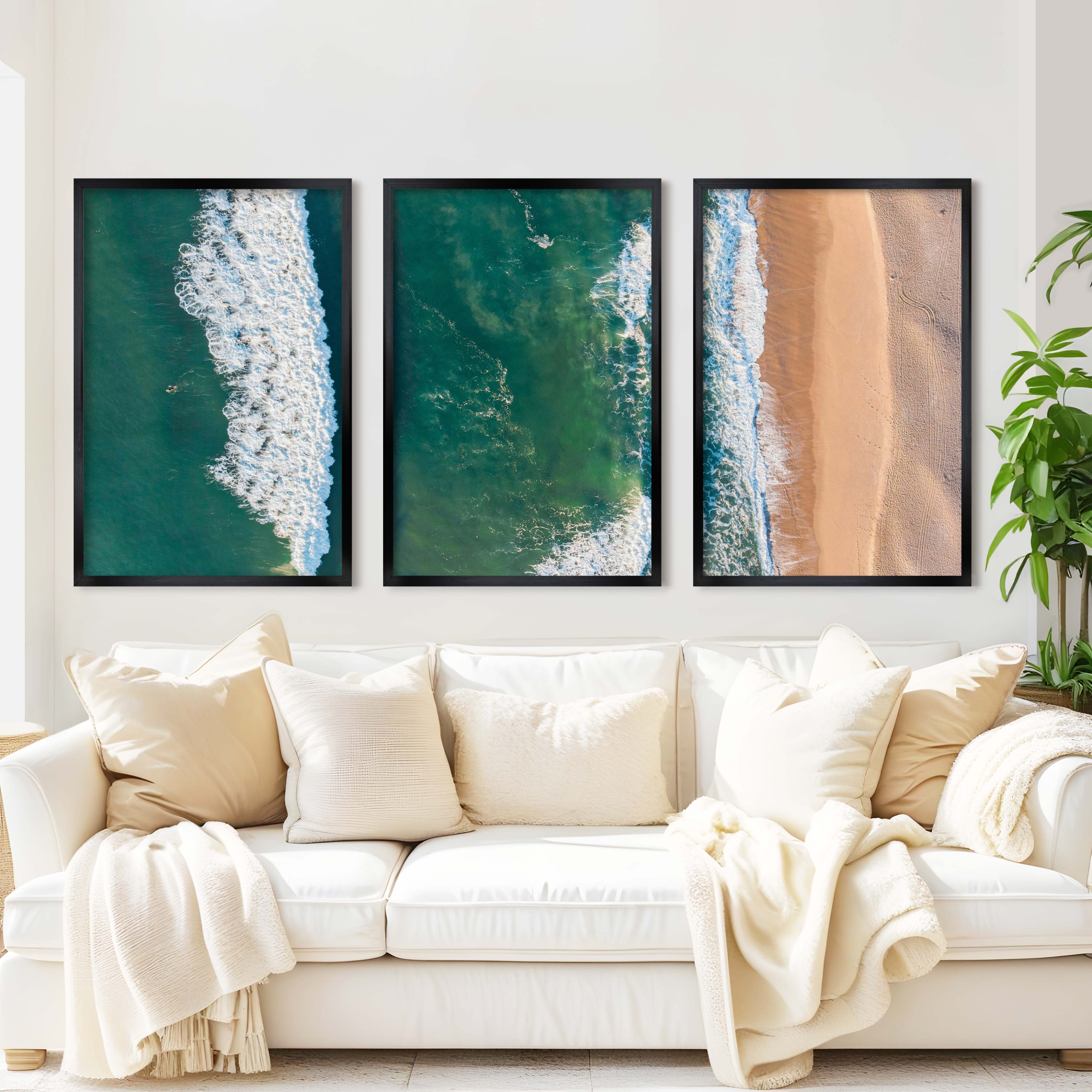 Three Pieces of Art Together – Waves, Shoreline, and Sand Rhythm - Black Framed Poster No Border - Artworksets
